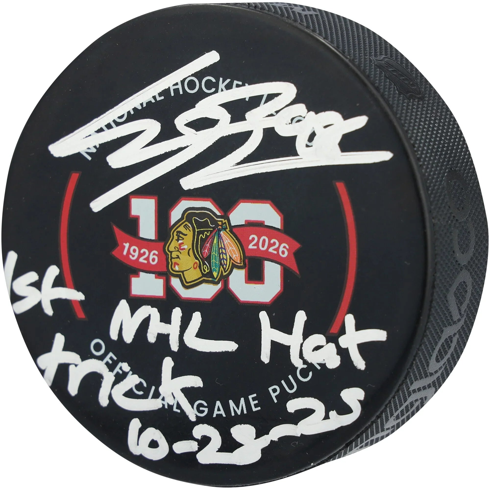 Connor Bedard Chicago Blackhawks Autographed Fanatics Authentic 100th Anniversary Official Game Puck with "1st NHL Hat Trick 10-28-25" Inscription - F