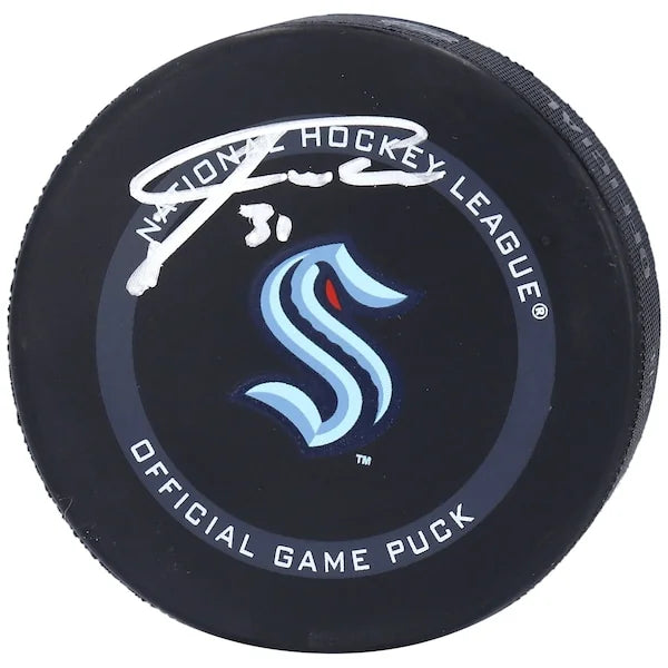 Philipp Grubauer Signed Seattle Kraken Official Game Puck | Authenticated
