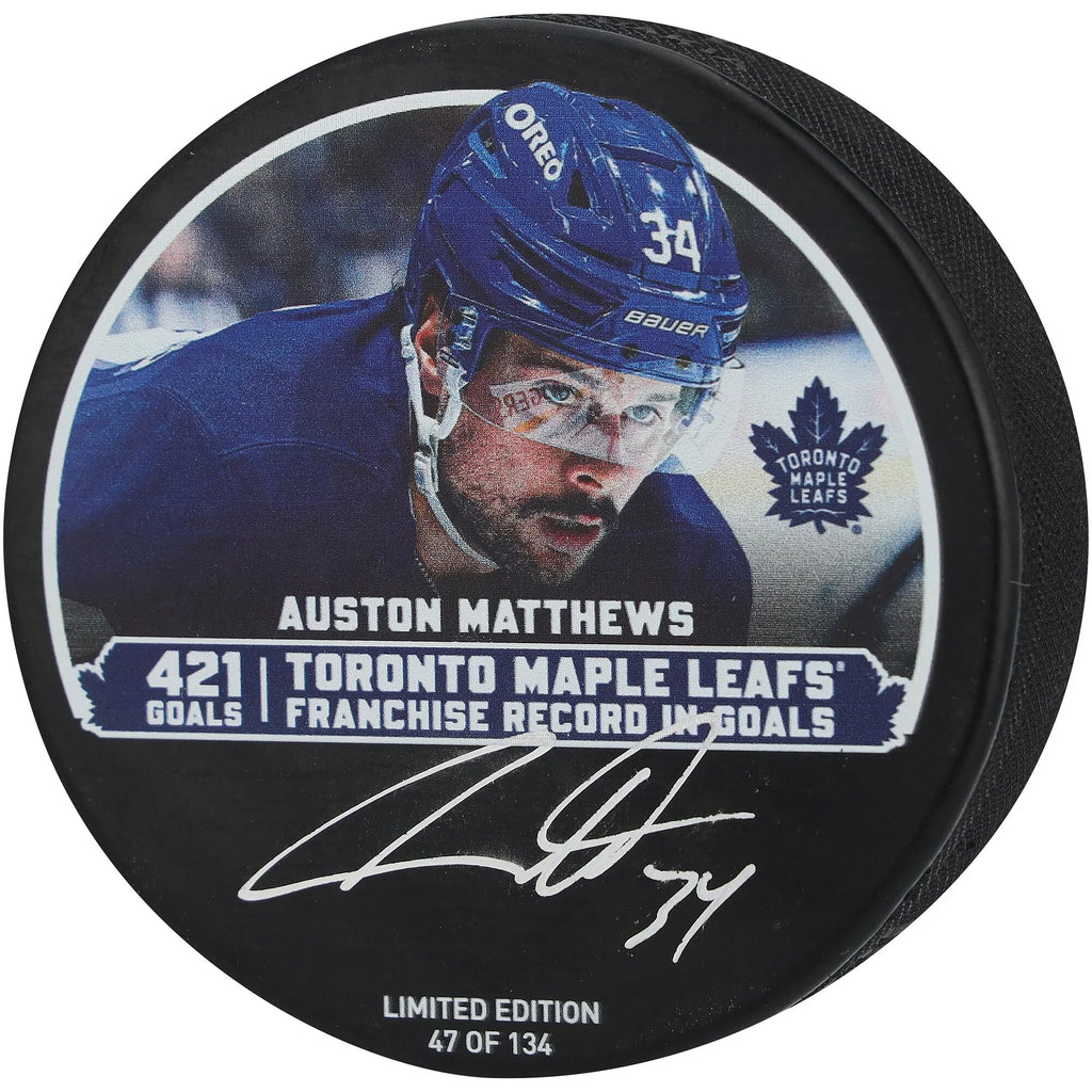 Auston Matthews Signed Hockey Puck | Franchise Goal Leader Limited Edition