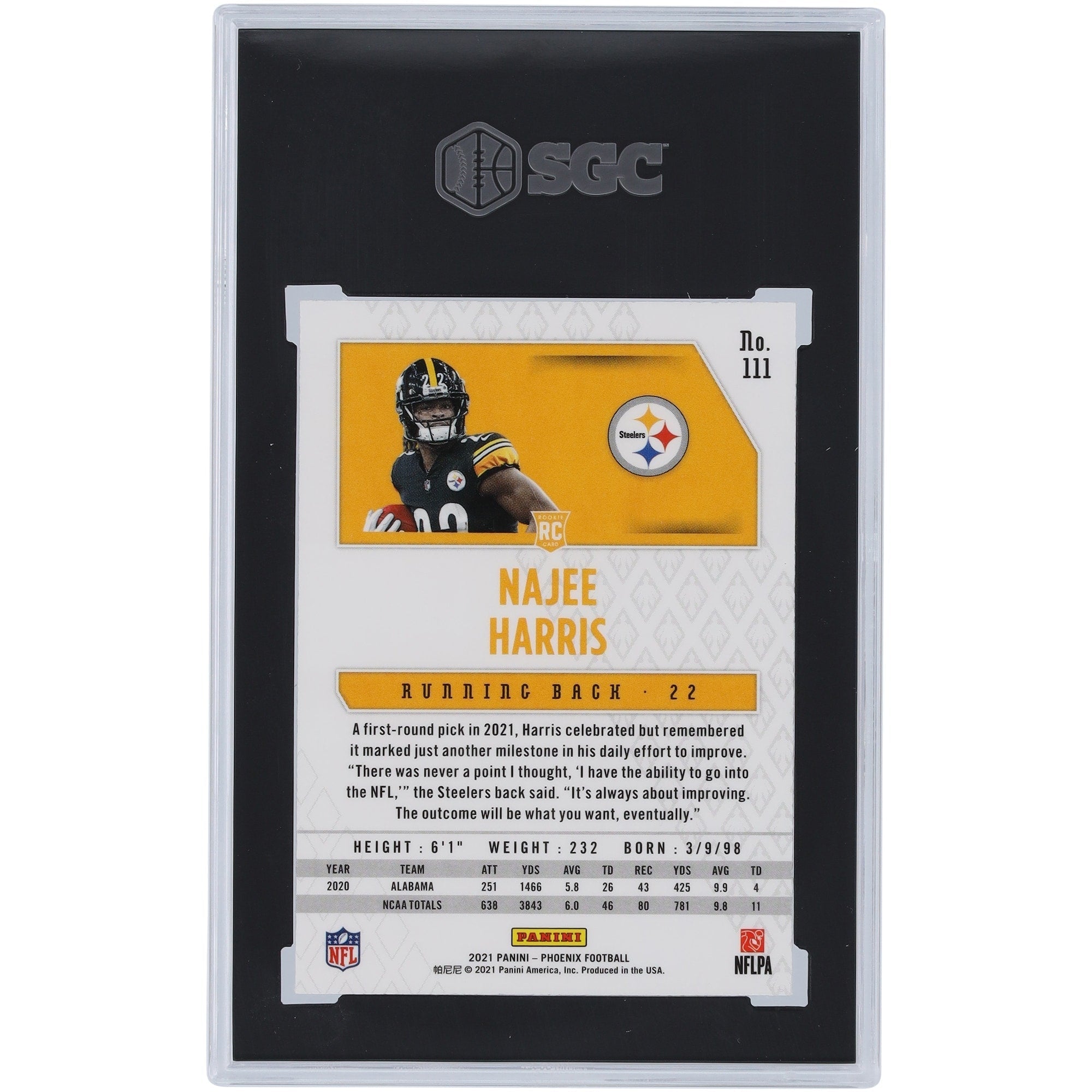 Najee Harris Pittsburgh Steelers 2021 Panini Phoenix Fire Burst #111 SGC Authenticated 9 Rookie Card
