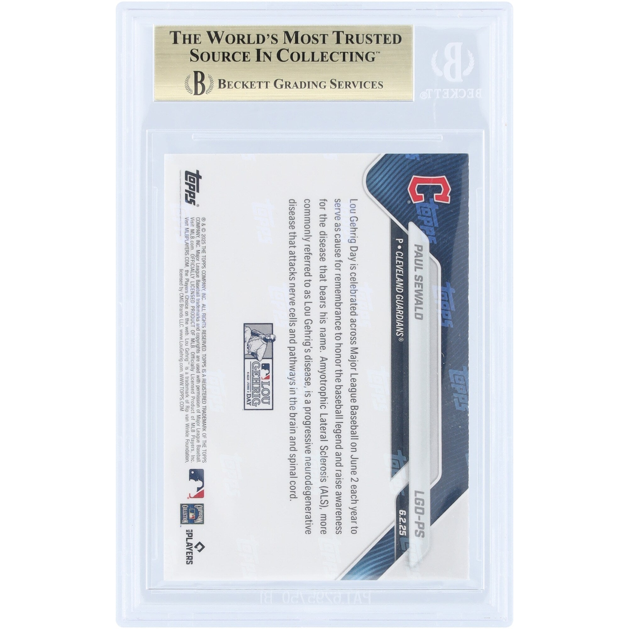 Paul Sewald Cleveland Guardians 2025 Topps Now Lou Gehrig Day #LGD-PS BGS Authenticated 9.5 Card