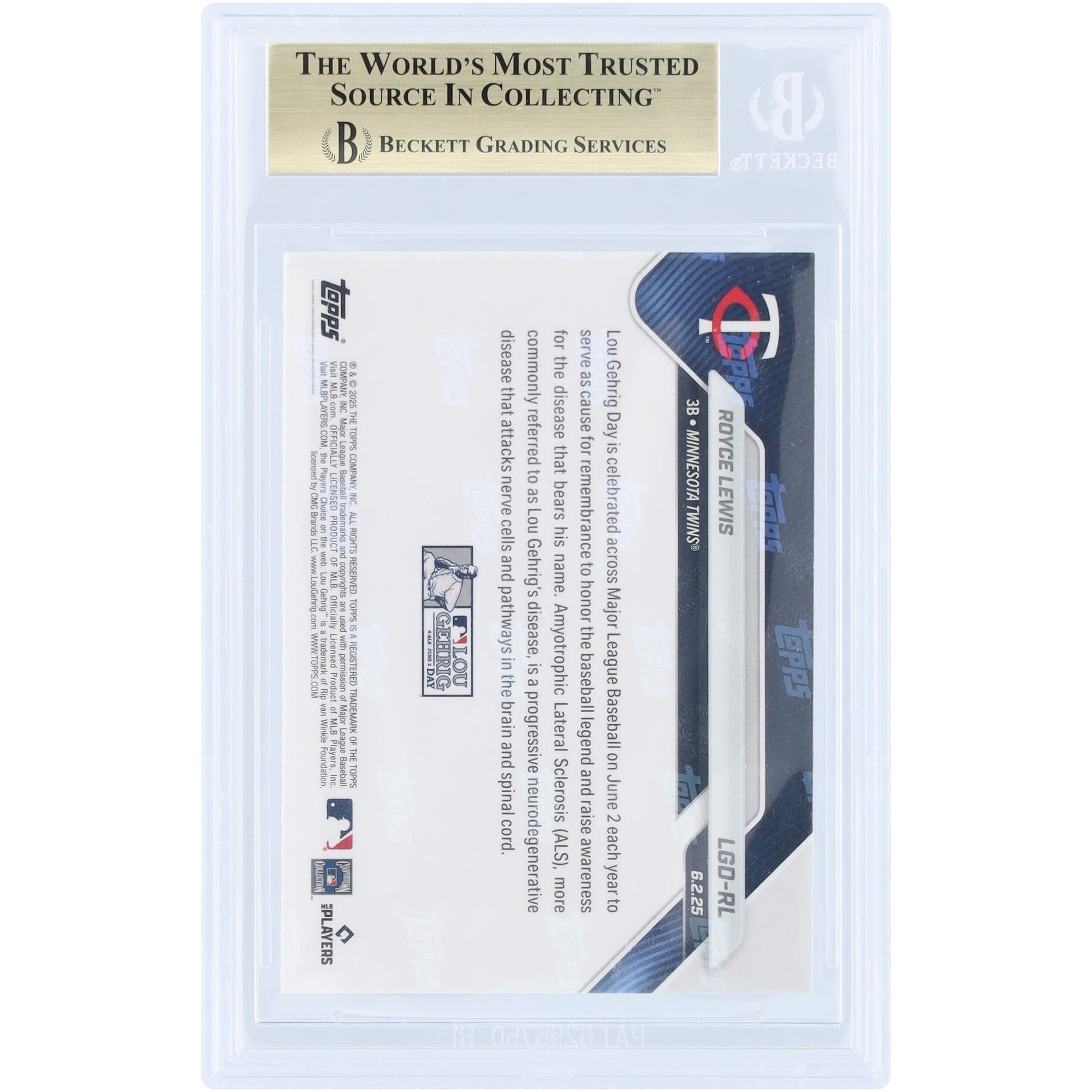 Royce Lewis Minnesota Twins 2025 Topps Now Lou Gehrig Day #LGD-RL BGS Authenticated 9.5 Card