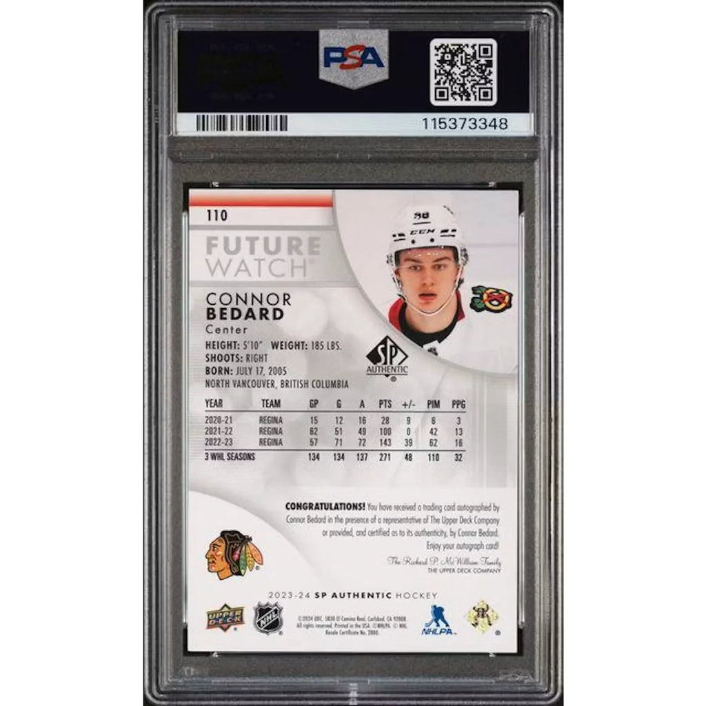 Connor Bedard Signed 2023-24 UD SP Authentic Future Watch Card | PSA 8 Auto 10