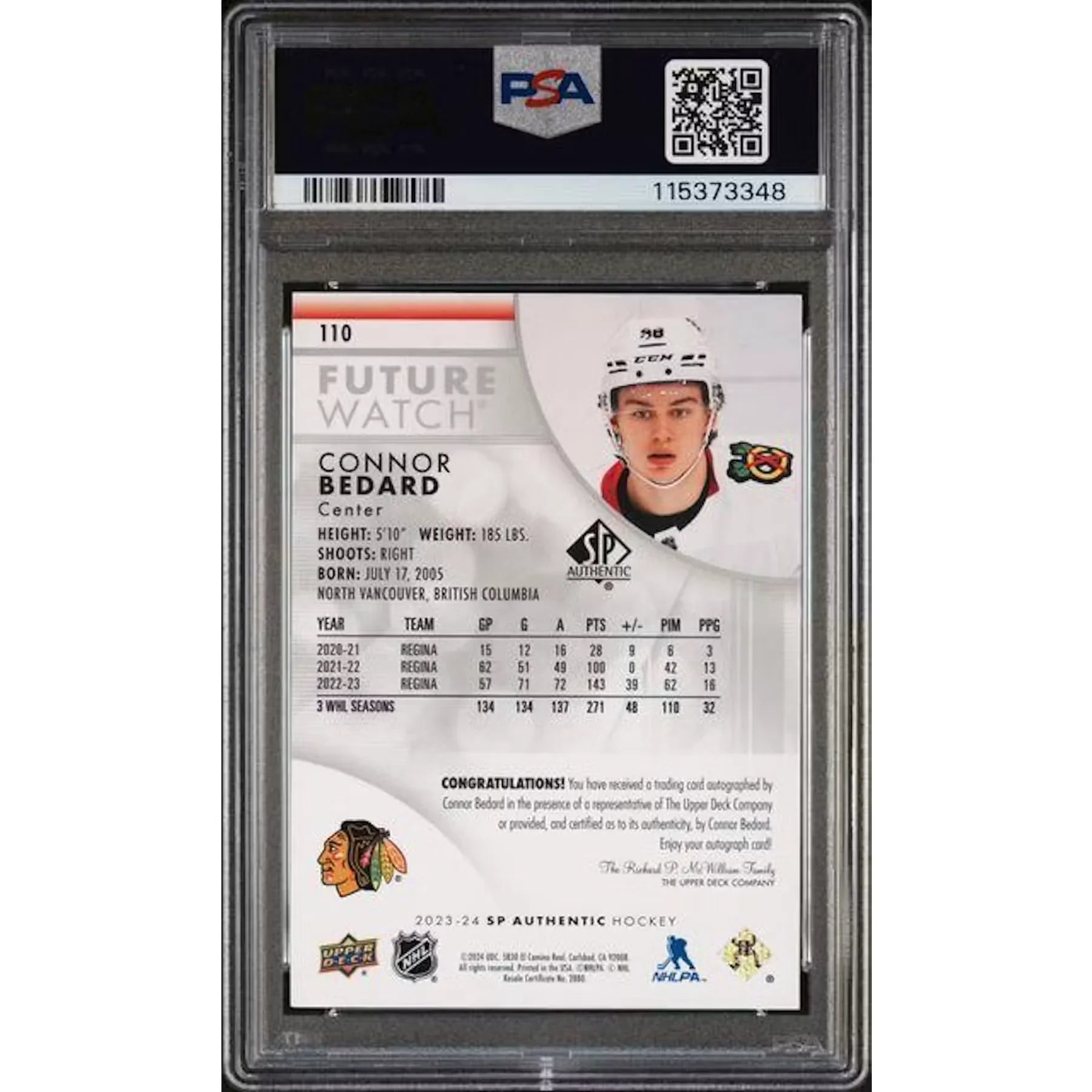 Connor Bedard Signed 2023-24 UD SP Authentic Future Watch Card | PSA 8 Auto 10