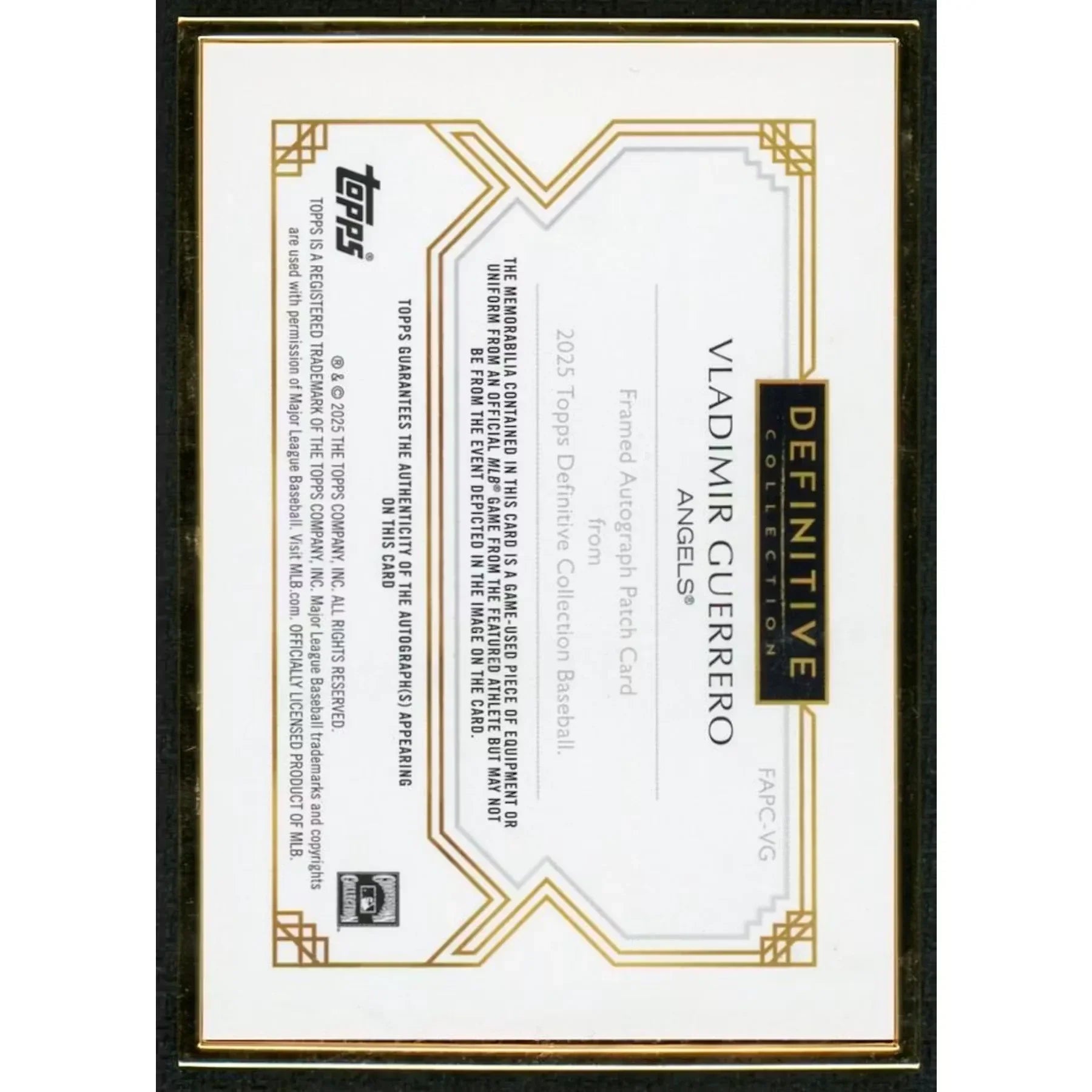 Vladimir Guerrero Jr Signed 2025 Topps Definitive Card | Gold Framed Patch Auto 1/1