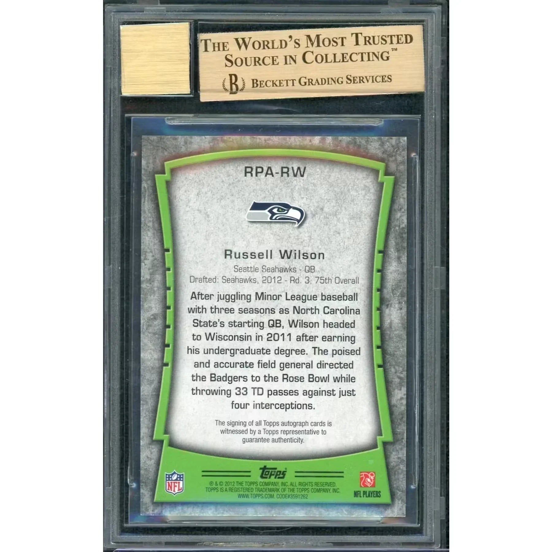 Russell Wilson Signed 2012 Topps Rookie Premiere Card | BGS 9.5