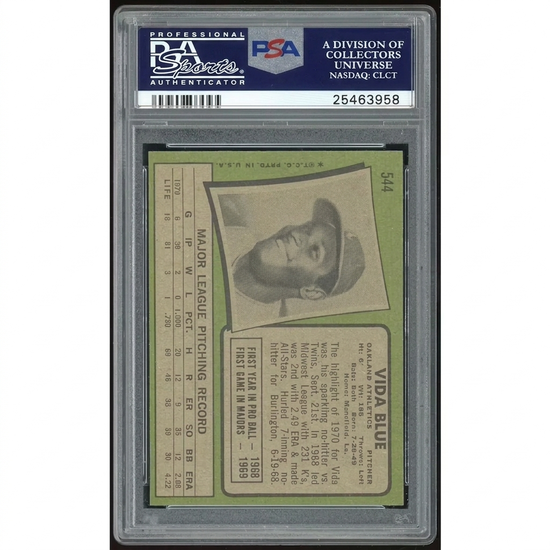 Vida Blue 1971 Topps #544 Baseball Card | PSA 8