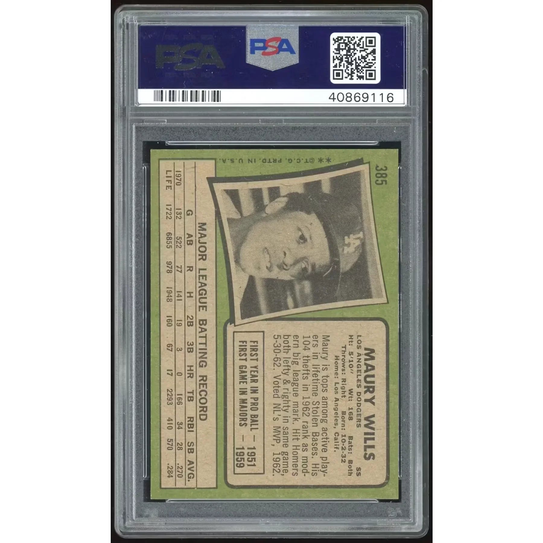 Maury Wills 1971 Topps #385 Baseball Card | PSA 8