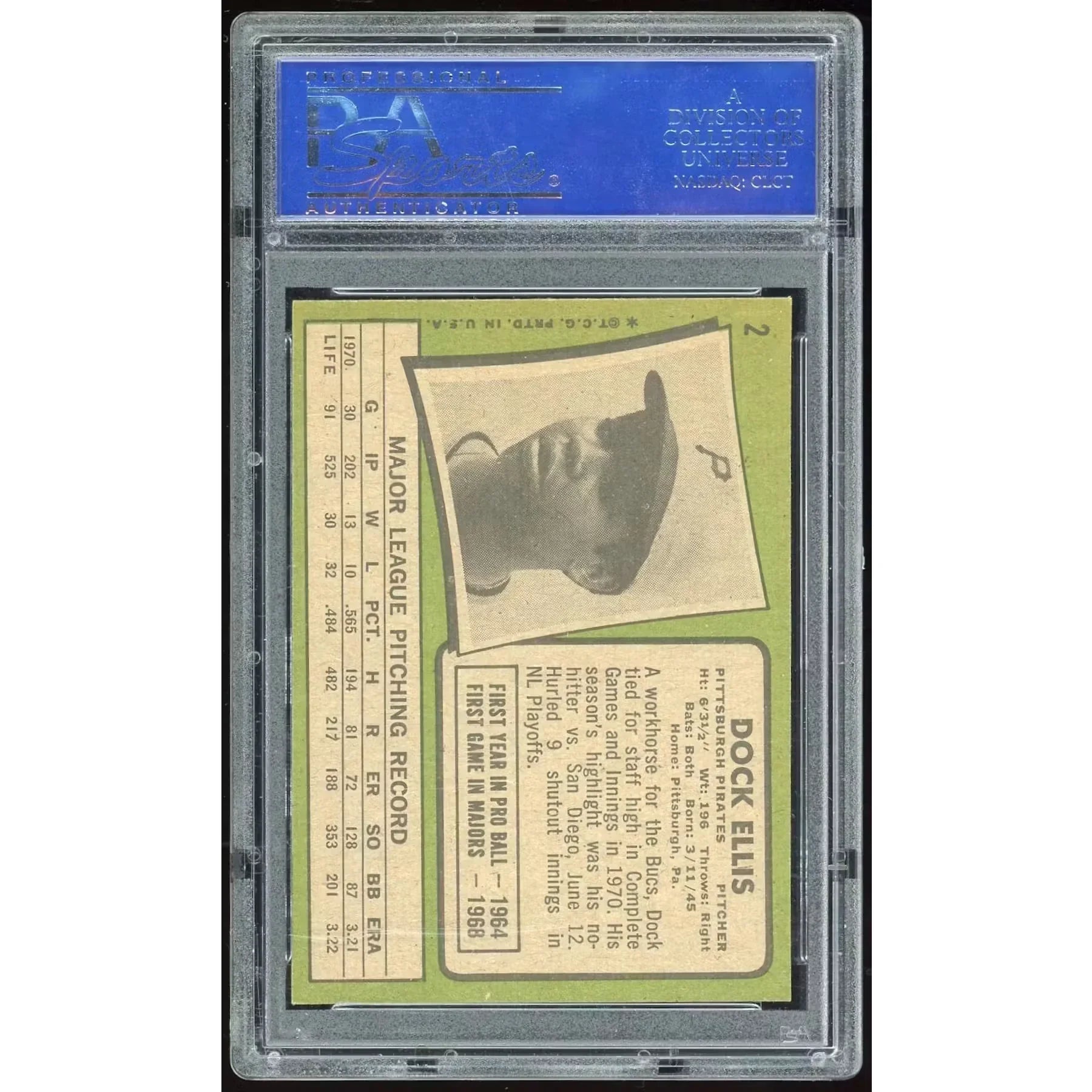 Dock Ellis 1971 Topps #2 Baseball Card | PSA 8
