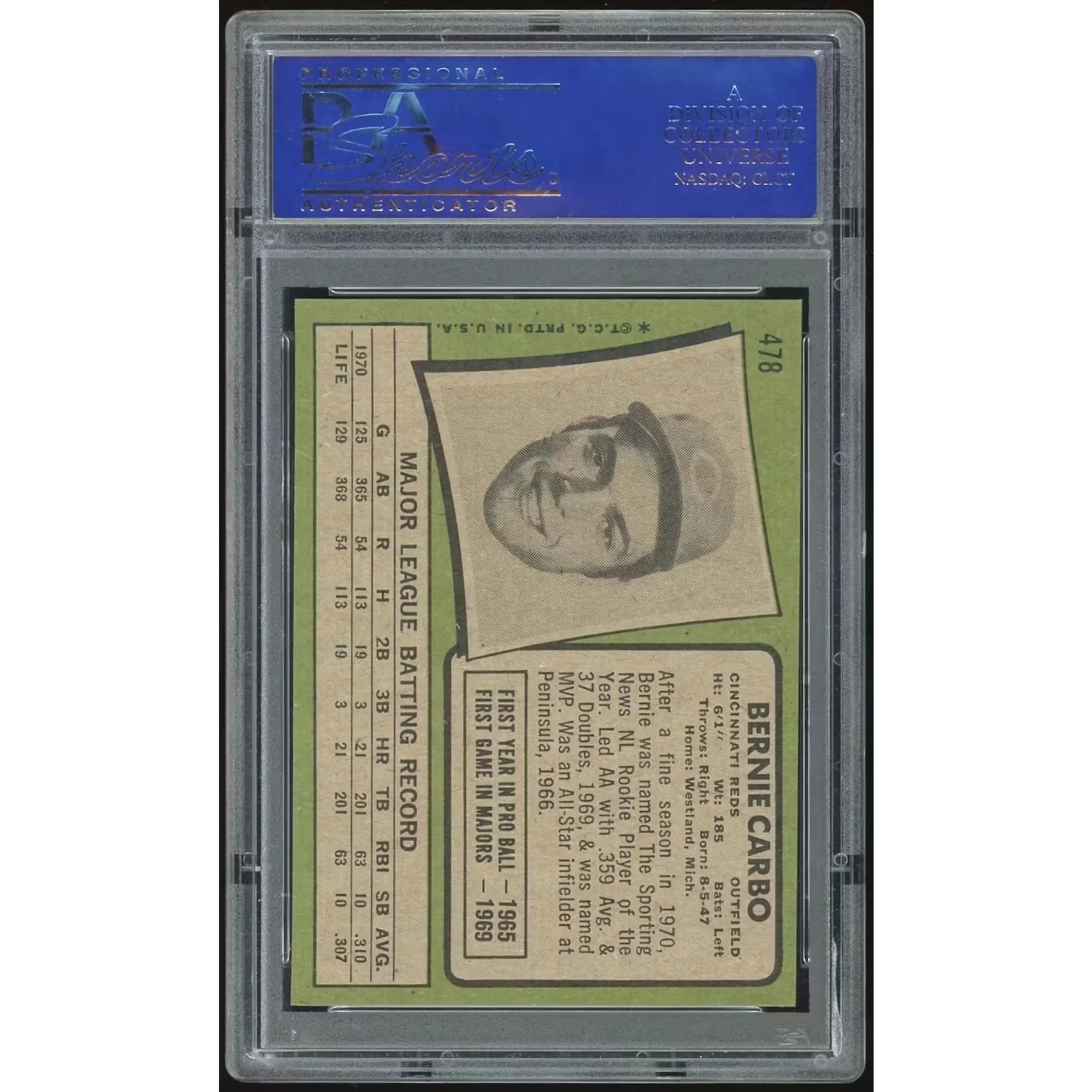 Bernie Carbo 1971 Topps #478 Baseball Card | PSA 8