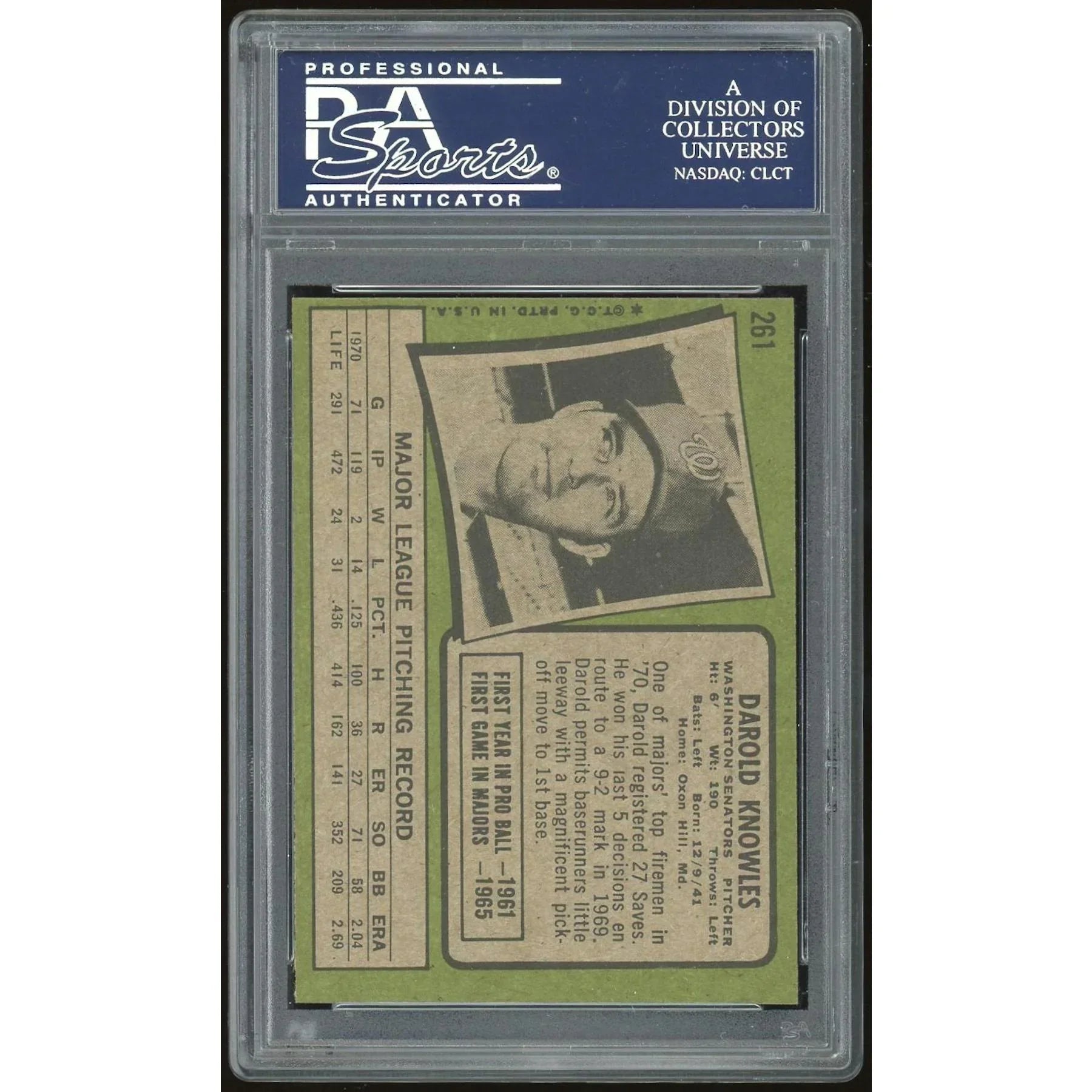 Darold Knowles 1971 Topps Card #261 | PSA 8