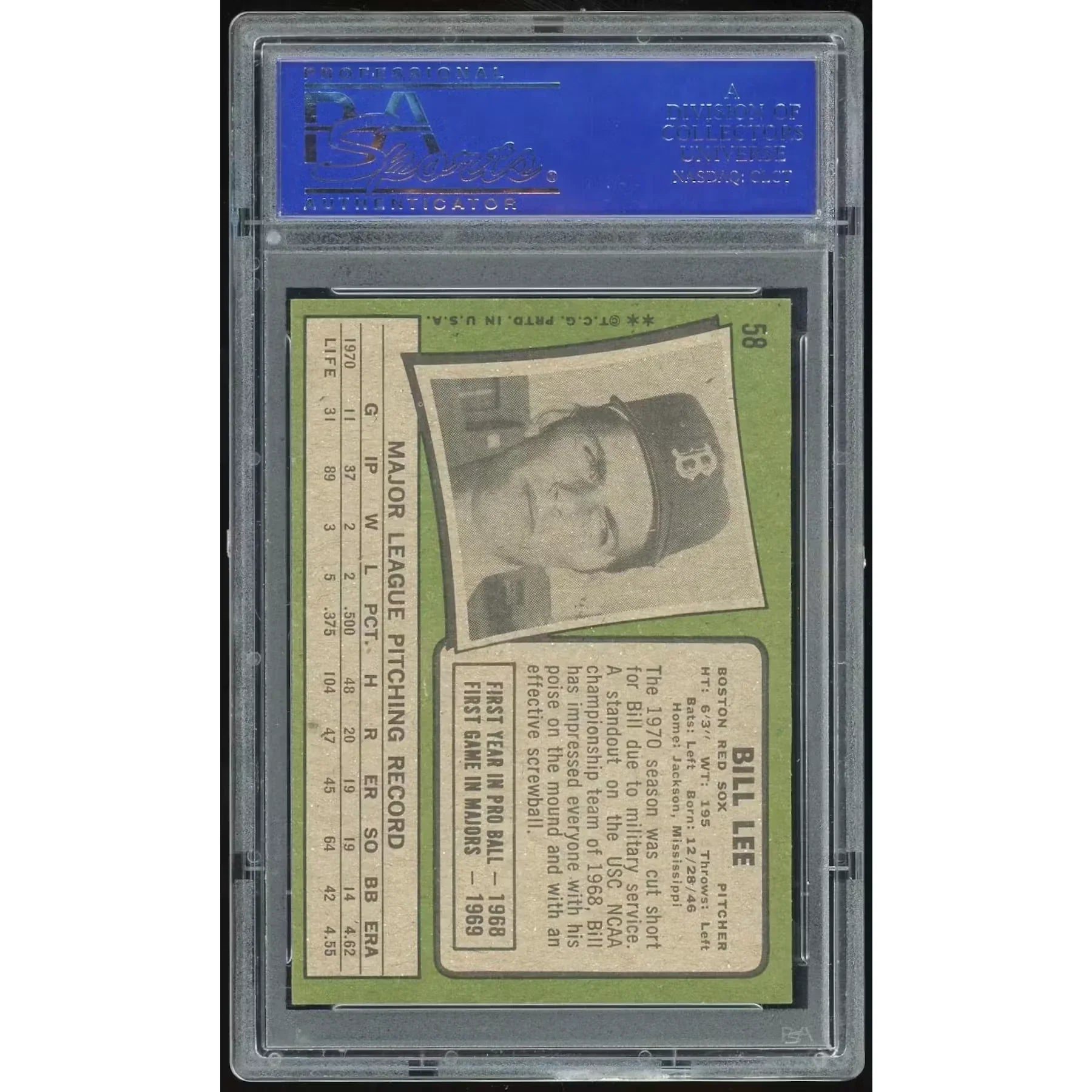 Bill Lee 1971 Topps #58 Baseball Card | PSA 8 1928