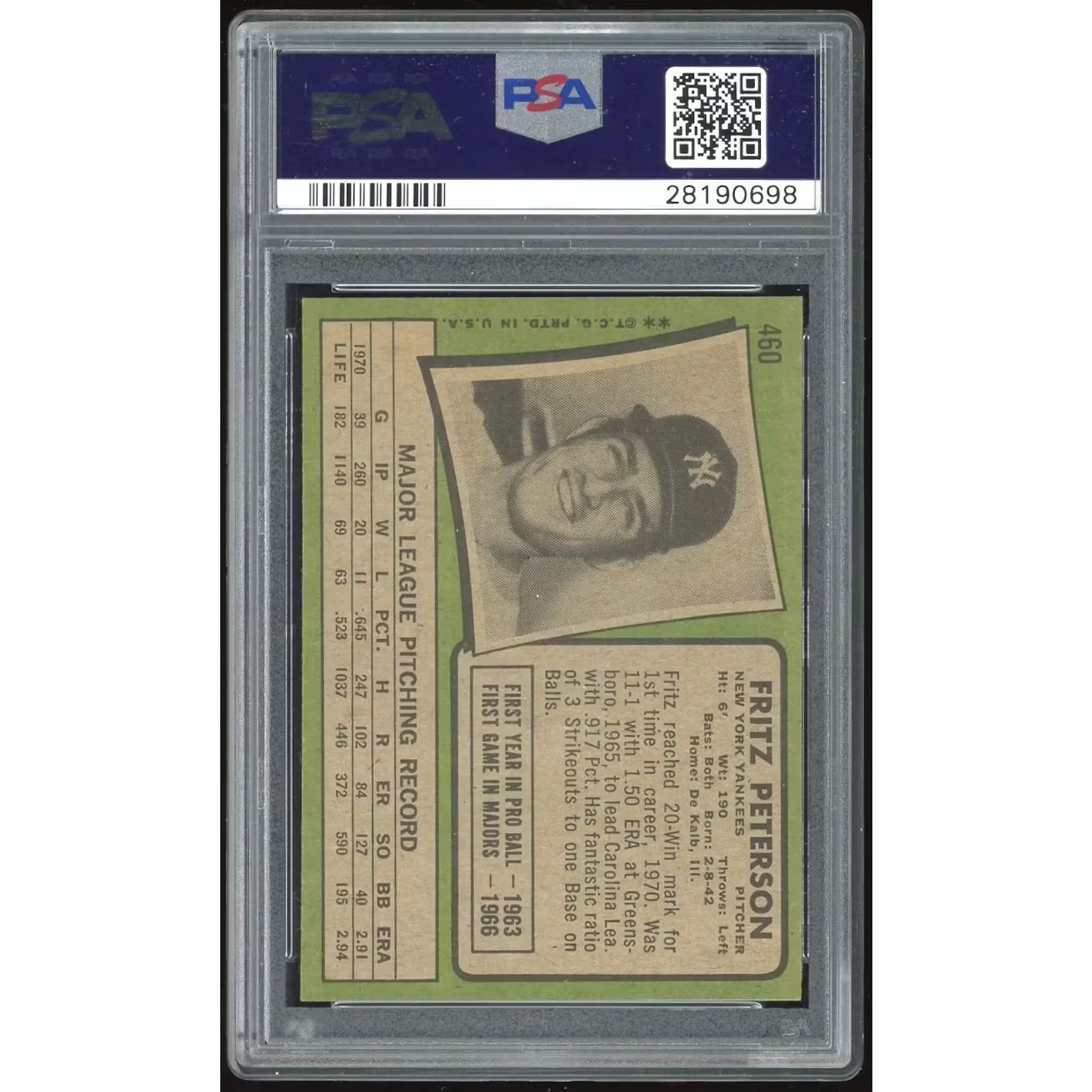 Fritz Peterson 1971 Topps #460 Baseball Card | PSA 8.5