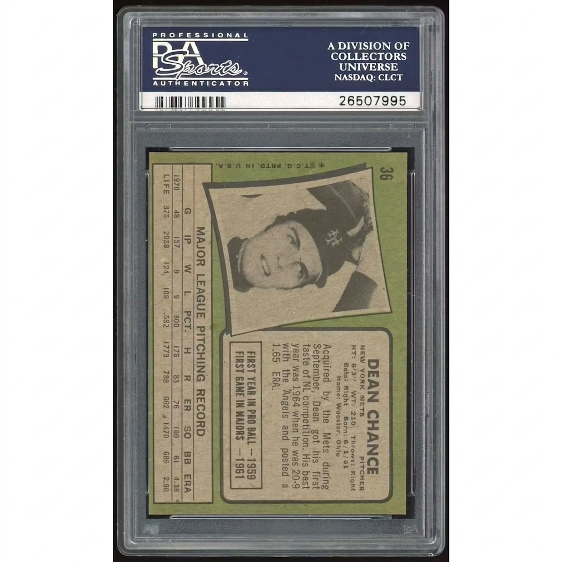Dean Chance 1971 Topps #36 Baseball Card | PSA 8