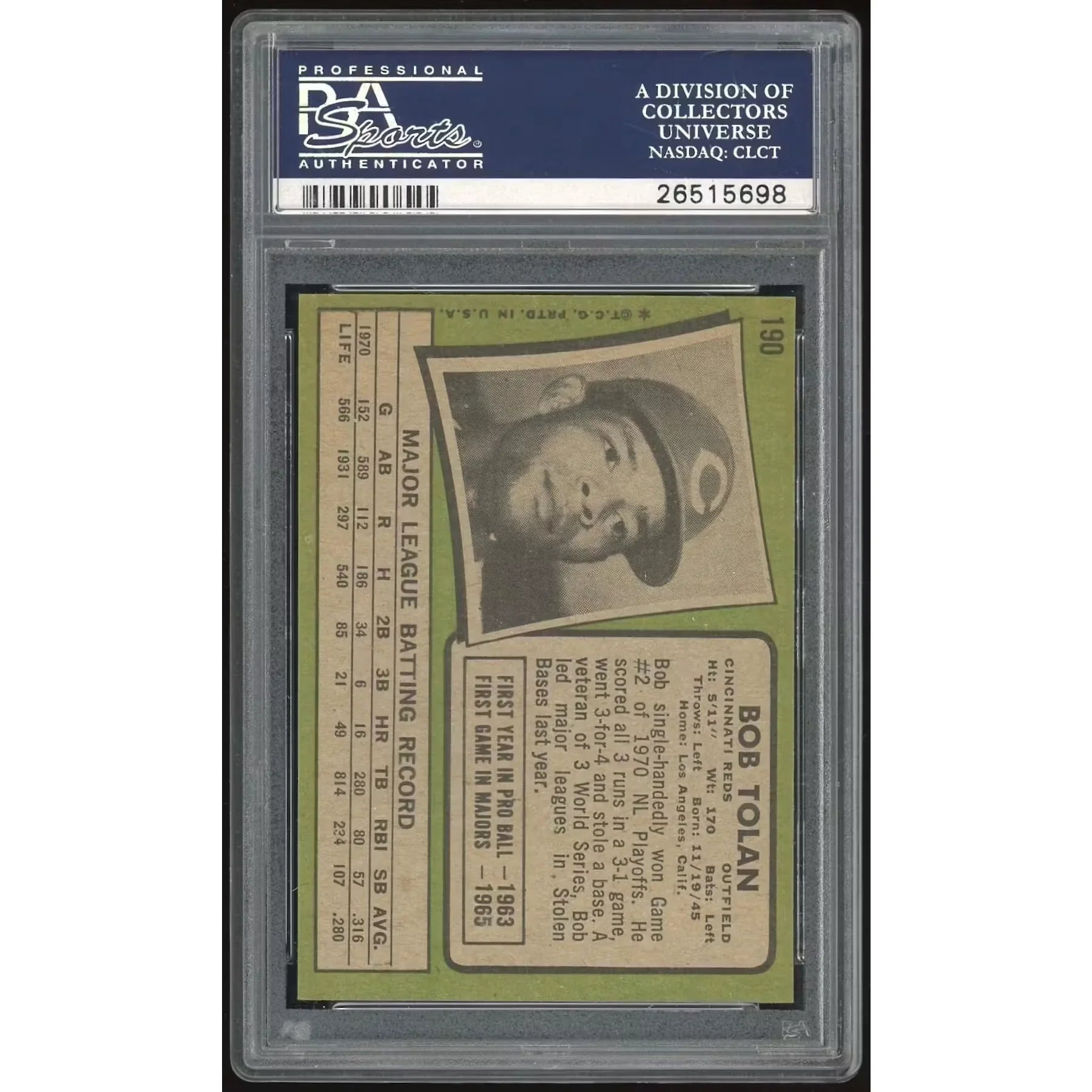 Bob Tolan 1971 Topps #190 Baseball Card | PSA 8