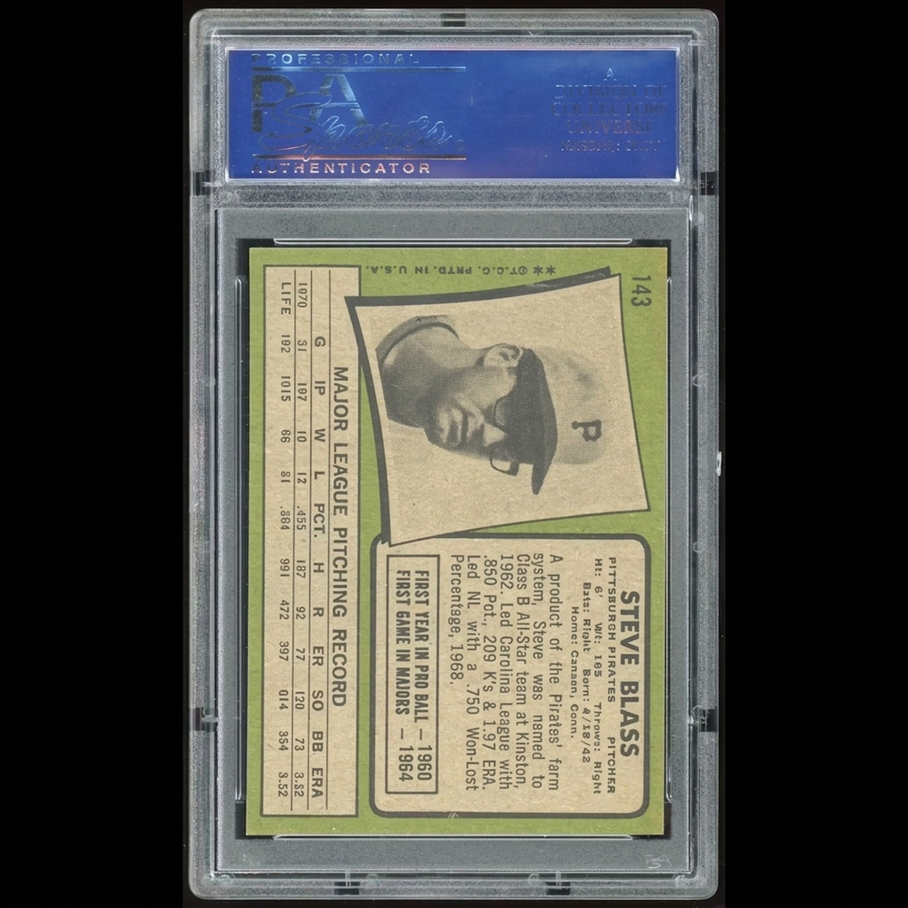 Steve Blass 1971 Topps #143 Baseball Card | PSA 8