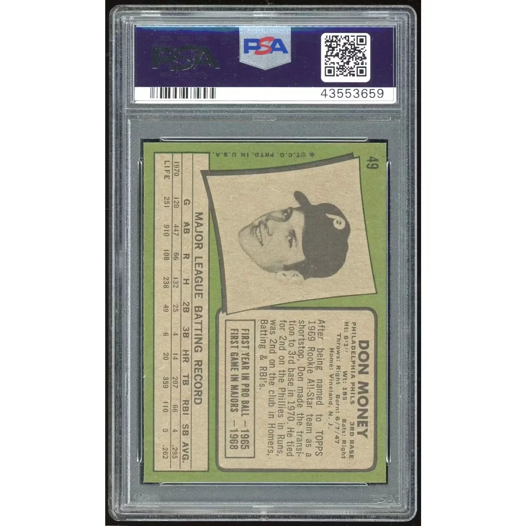 1971 Topps Don Money #49 Baseball Card | PSA 8