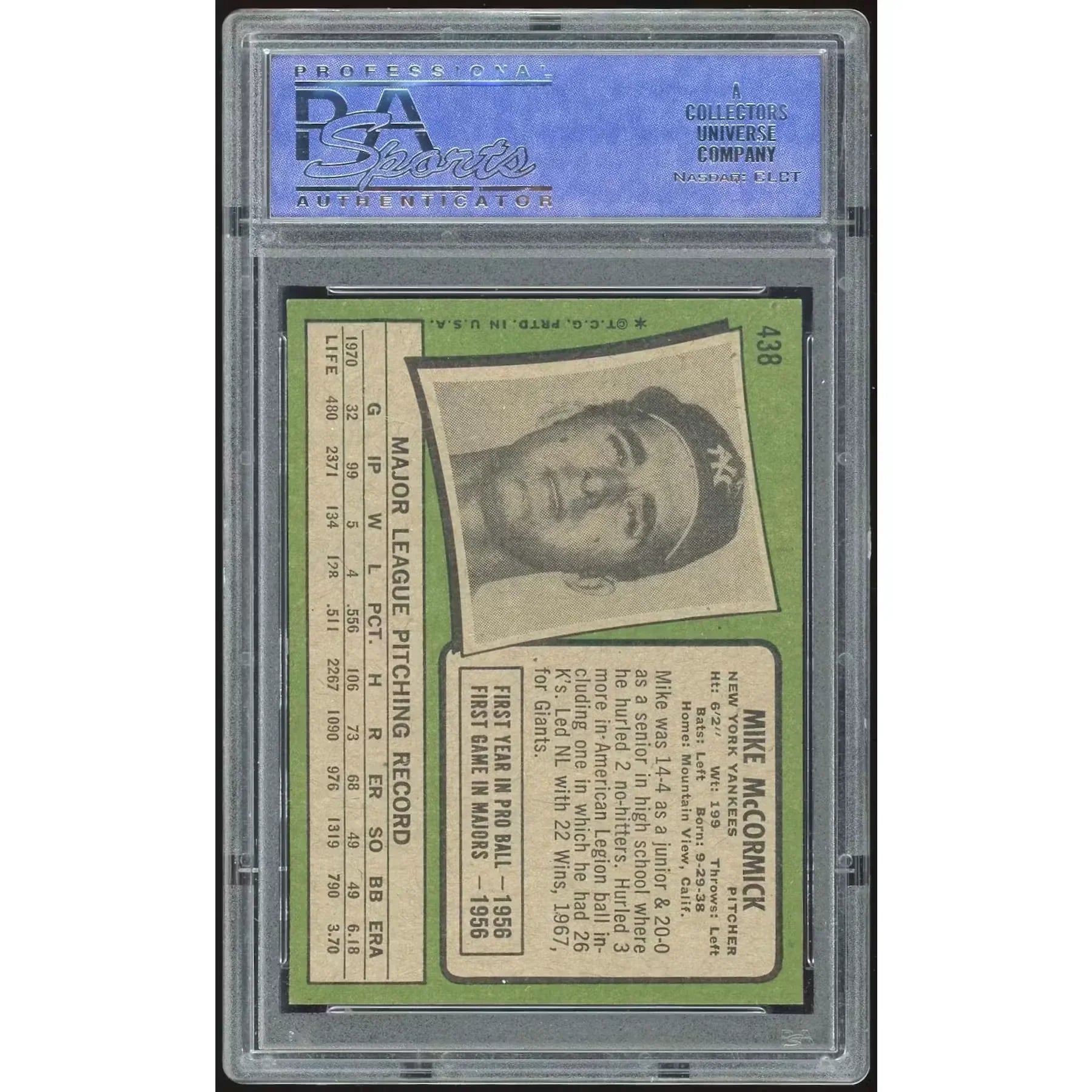 1971 Topps #438 Mike McCormick Baseball Card | PSA 8