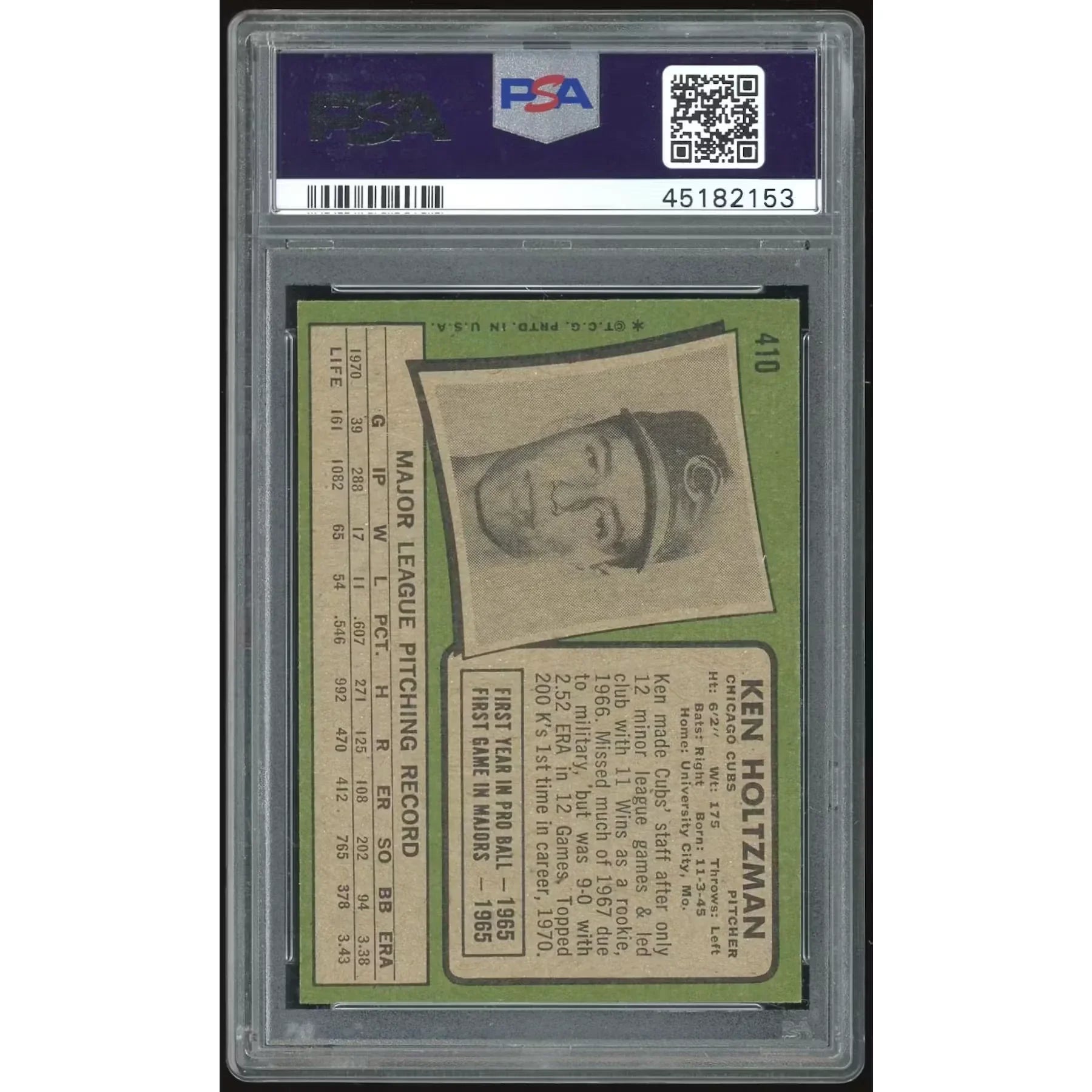 Ken Holtzman 1971 Topps #410 Baseball Card | PSA 8.5