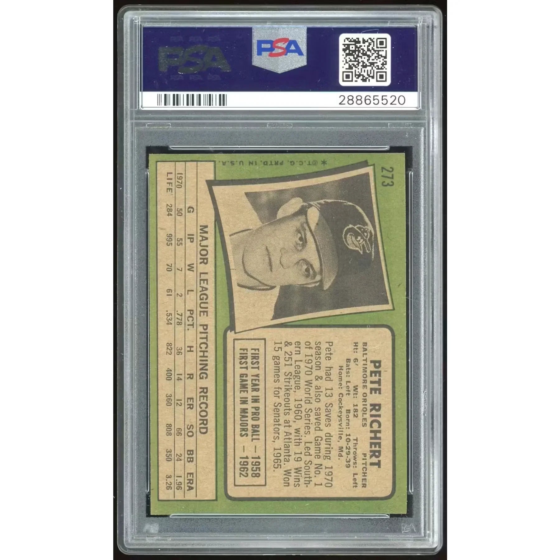 Pete Richert 1971 Topps #273 Card | PSA 8.5