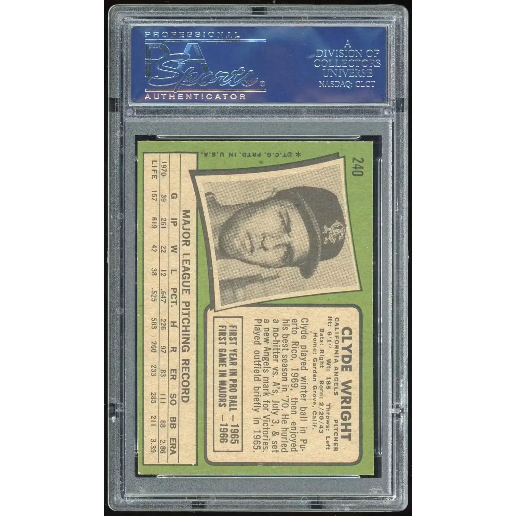 1971 Topps #240 Clyde Wright Baseball Card | PSA 8.5