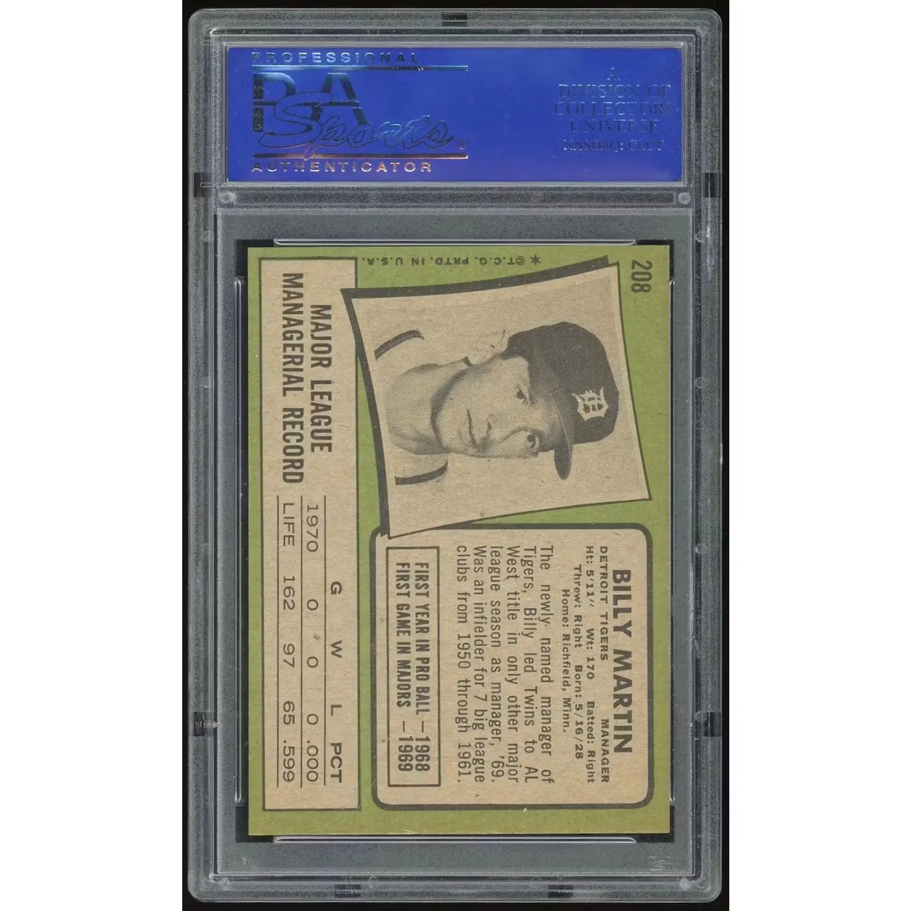 Billy Martin 1971 Topps #208 Baseball Card | PSA 8