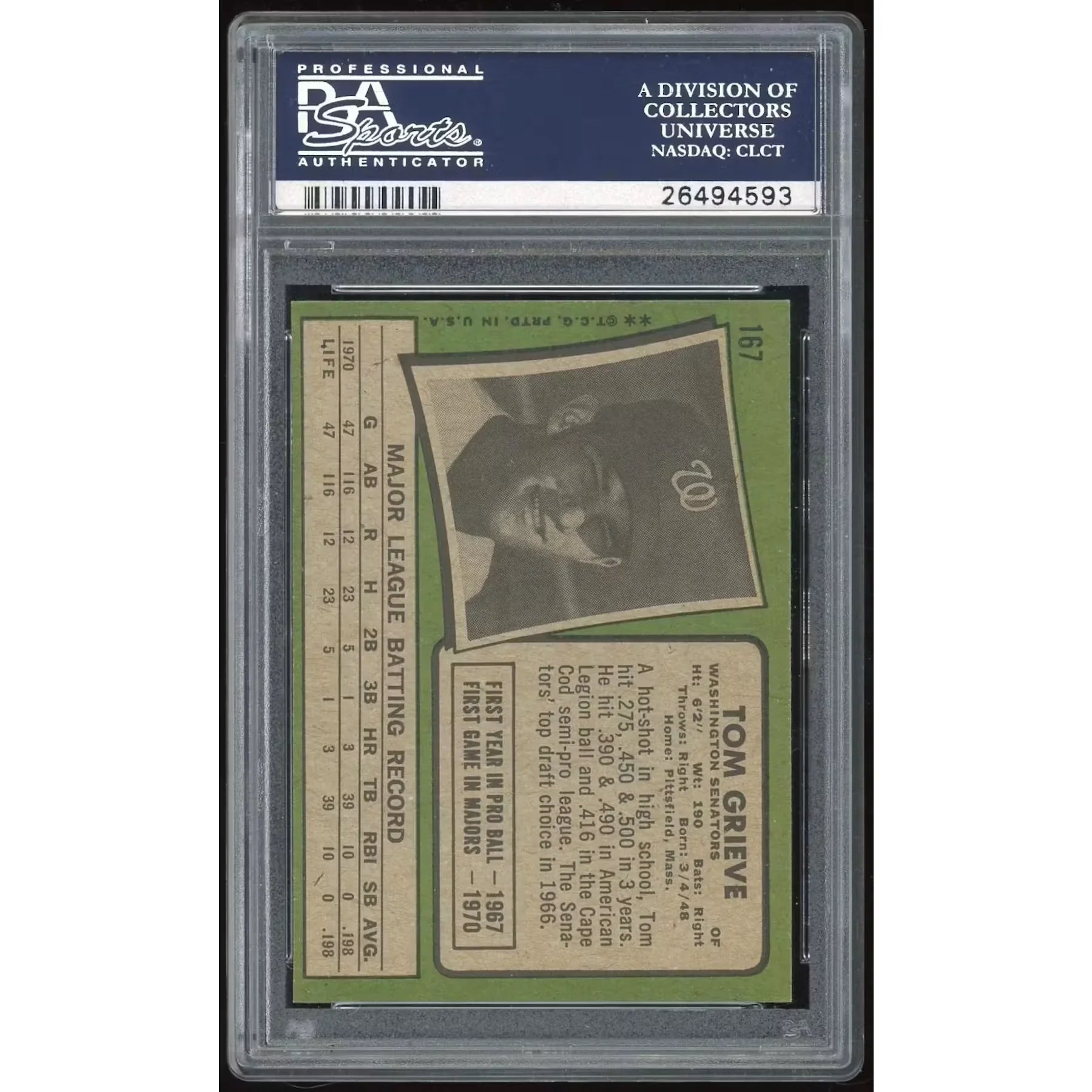 Tom Grieve 1971 Topps #167 Rookie Card | PSA 8