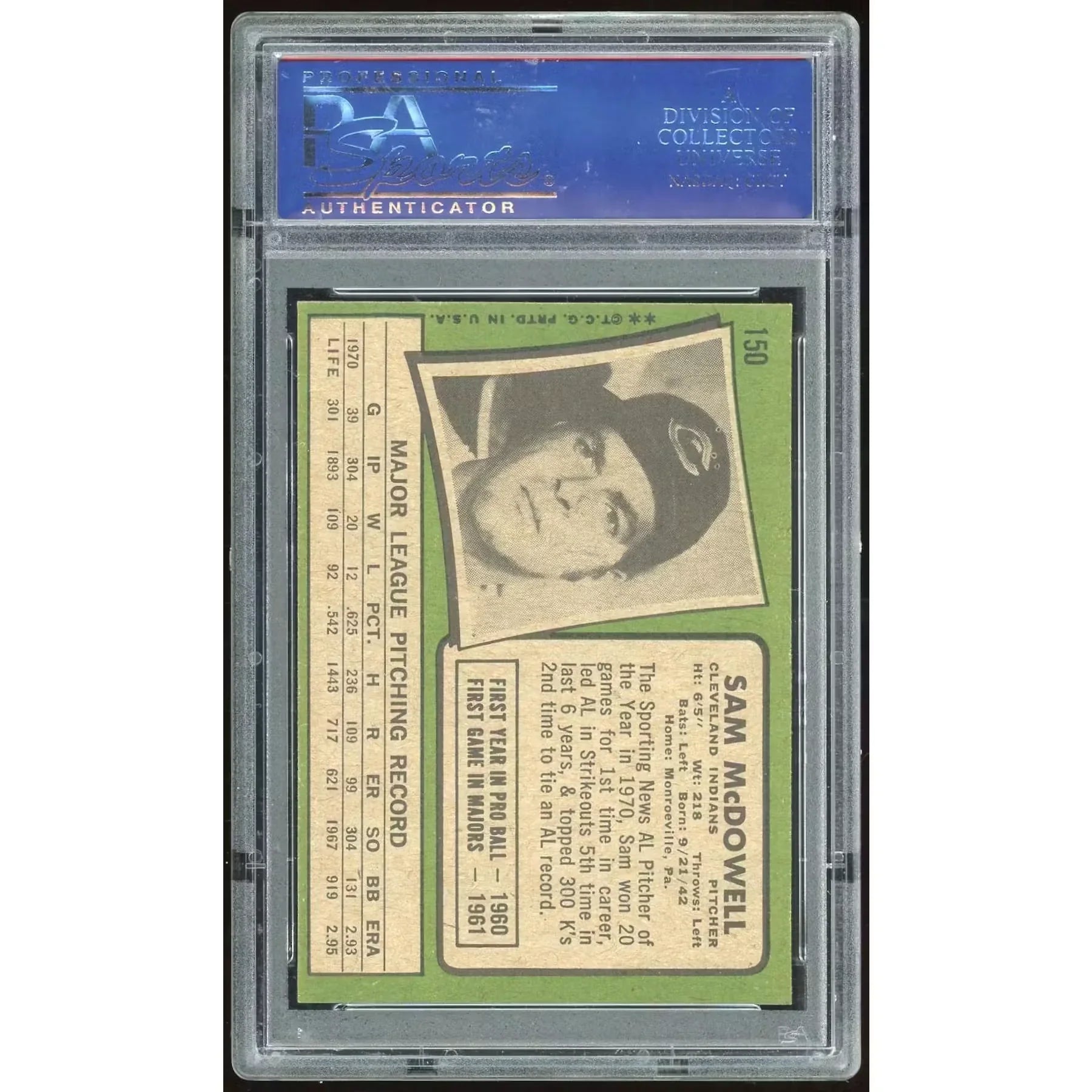 Sam McDowell 1971 Topps #150 Baseball Card | PSA 8