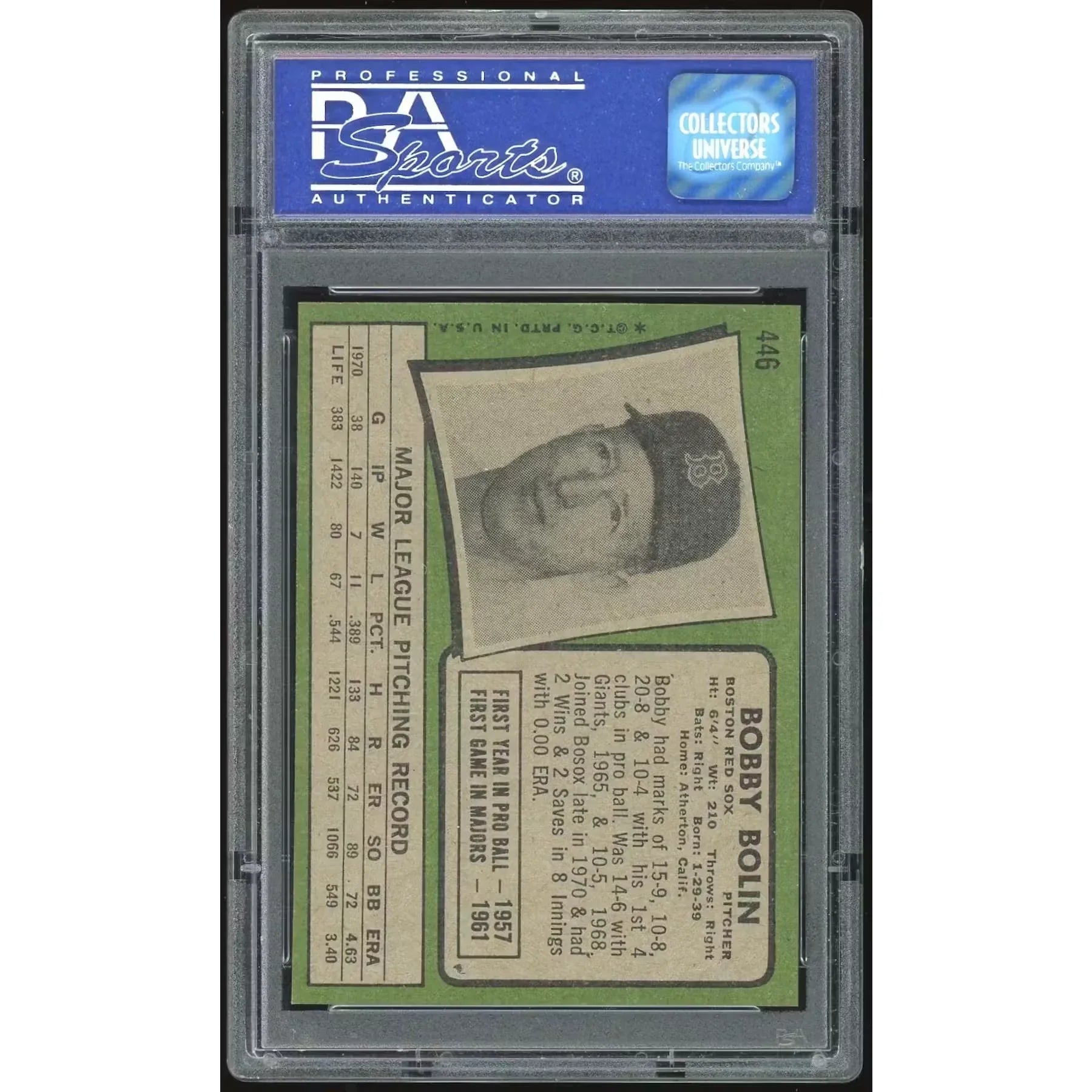 1971 Topps #446 Bobby Bolin Baseball Card | PSA 8