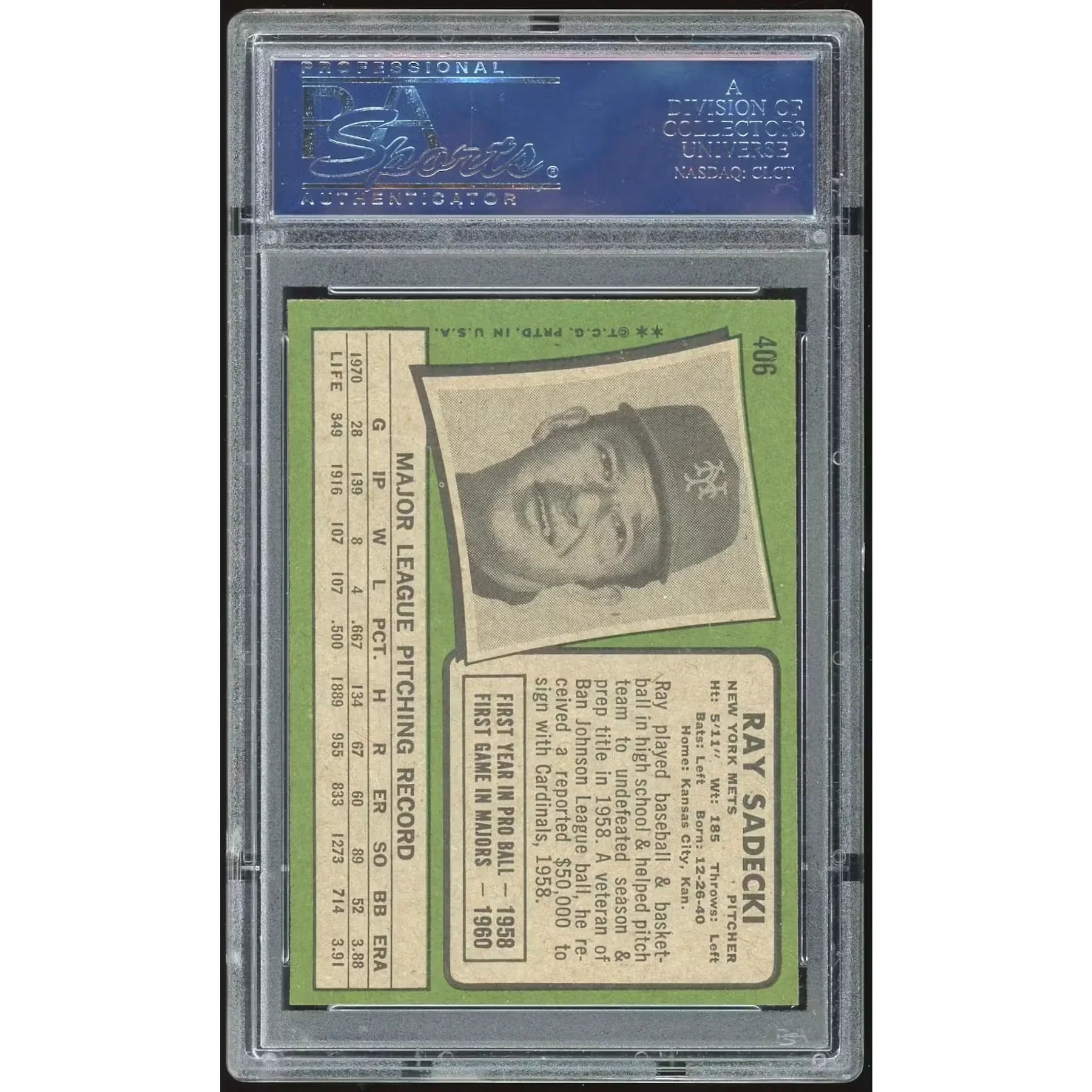Ray Sadecki 1971 Topps #406 Baseball Card | PSA 8