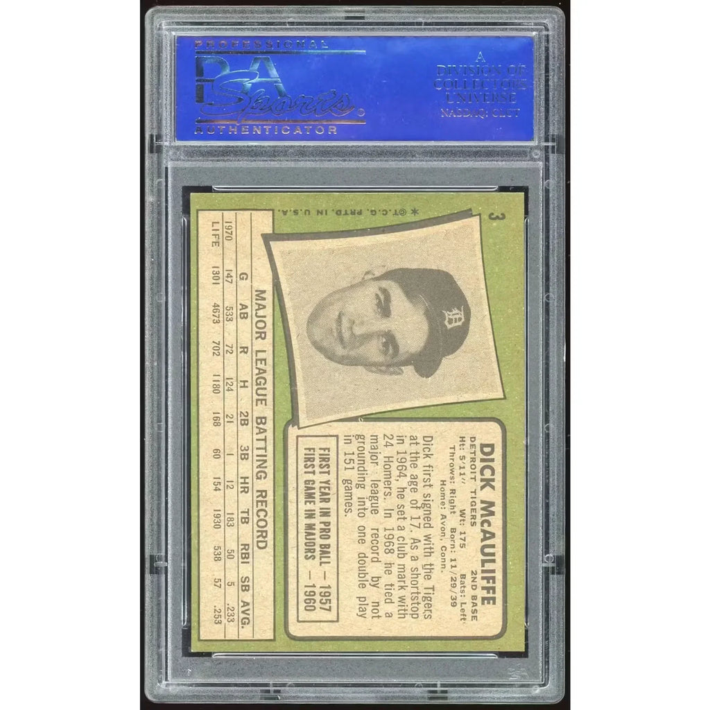 Dick McAuliffe 1971 Topps #3 Baseball Card | PSA 8