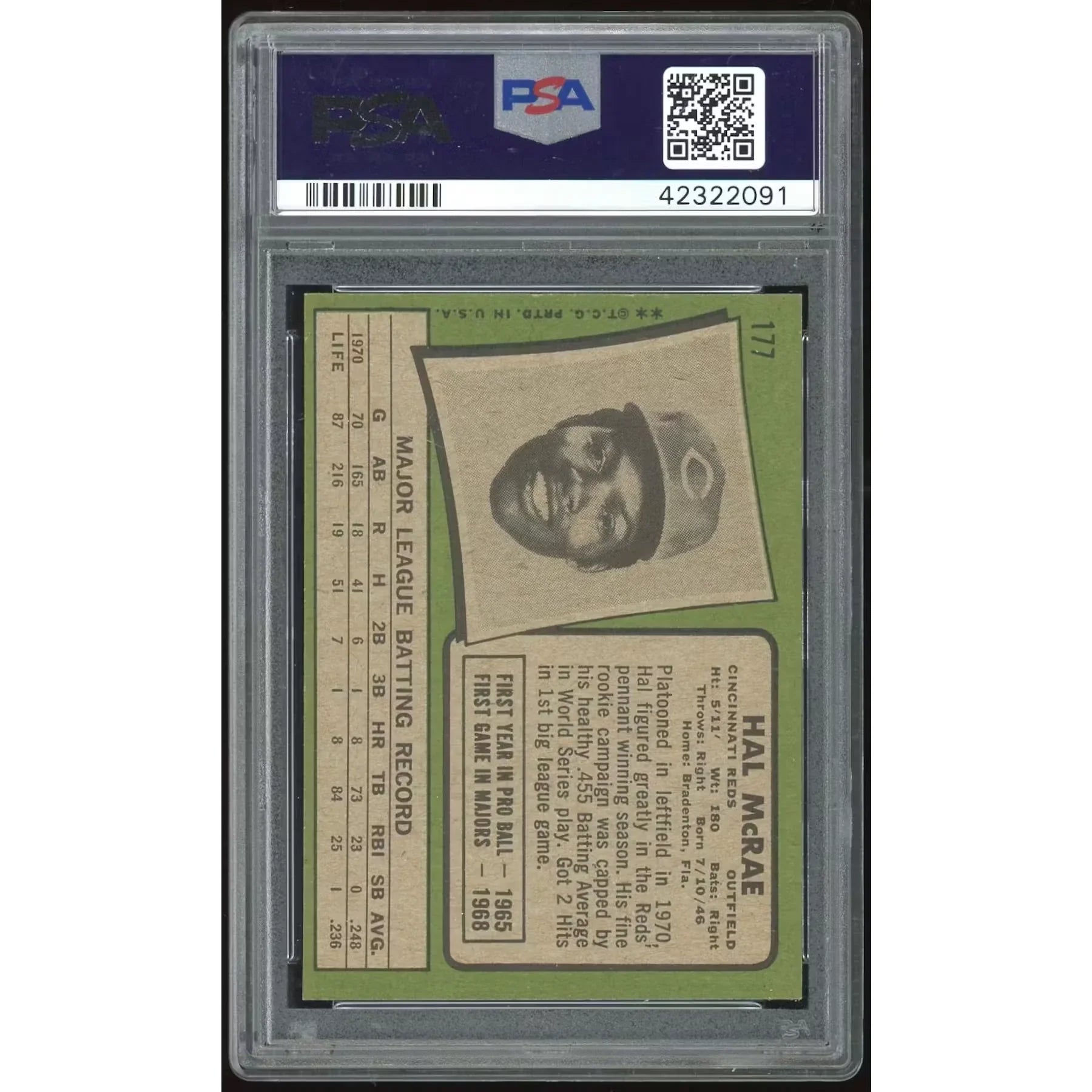 Hal McRae 1971 Topps #177 Baseball Card | PSA 8 2091