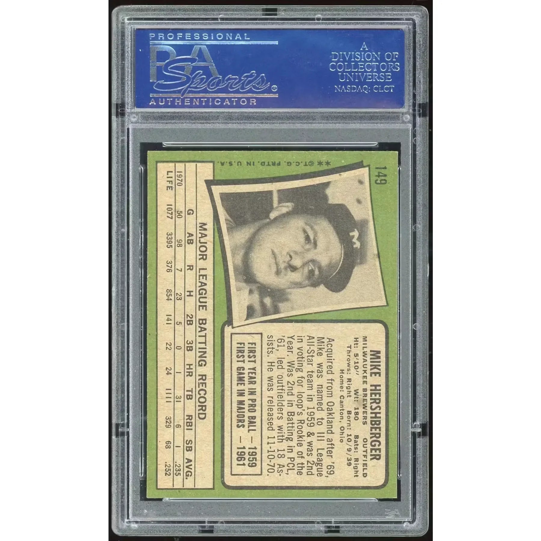 1971 Topps #149 Mike Hershberger Baseball Card | PSA 8