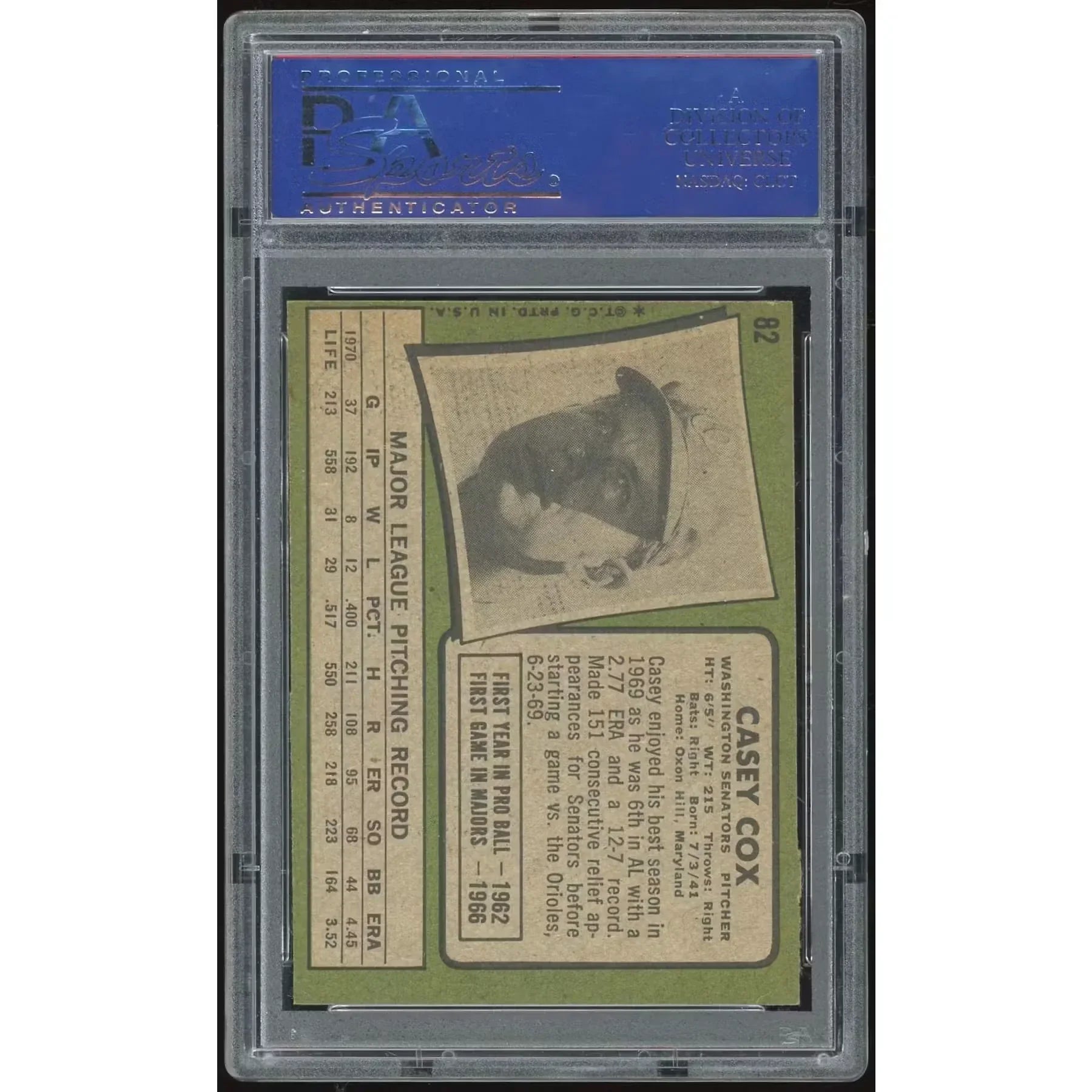 1971 Topps #82 Casey Cox Baseball Card | PSA 8