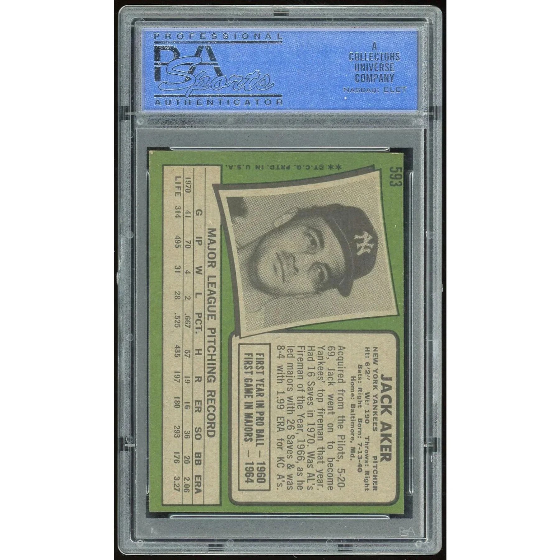 1971 Topps #593 Jack Aker Baseball Card | PSA 8