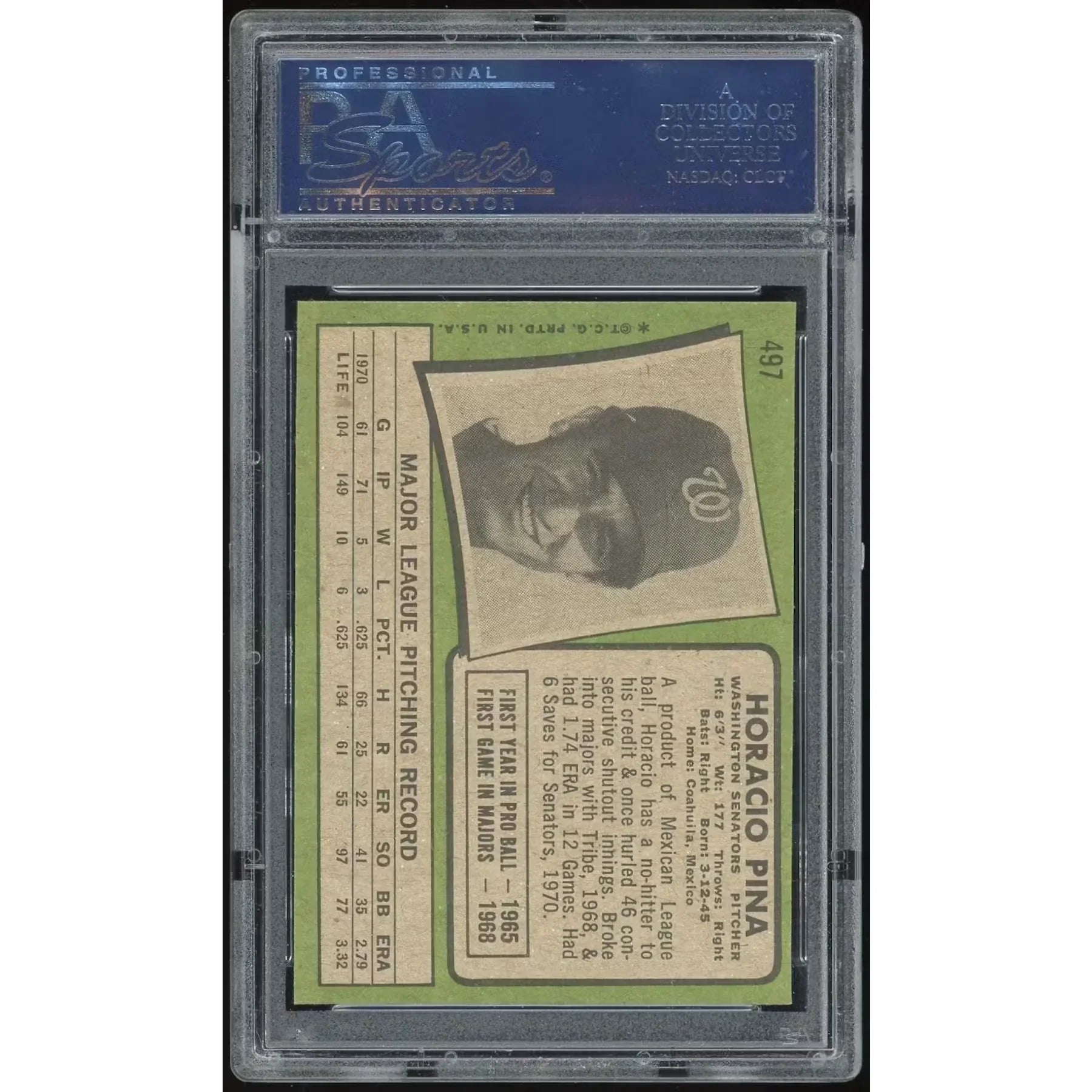 1971 Topps #497 Horacio Pina Rookie Card | PSA 8