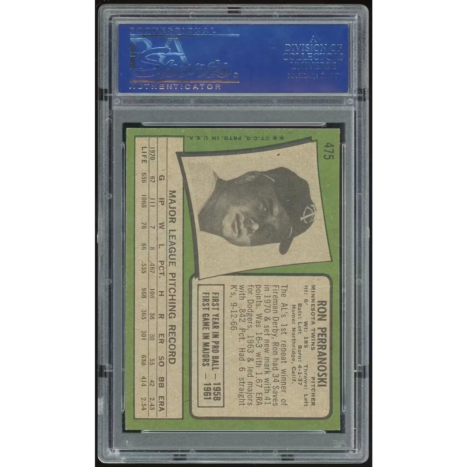Ron Perranoski 1971 Topps #475 Baseball Card | PSA 8