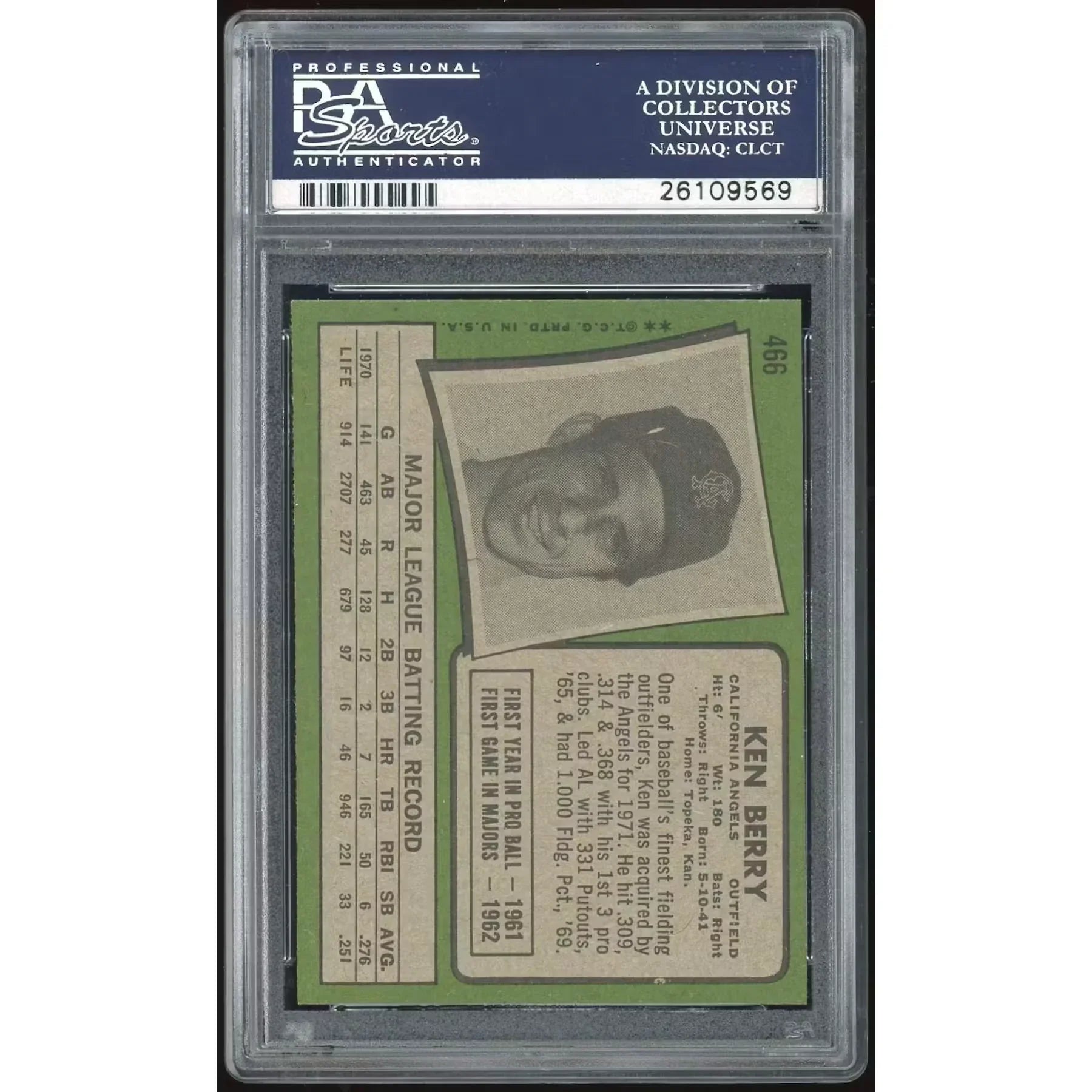 Ken Berry 1971 Topps #466 Baseball Card | PSA 8