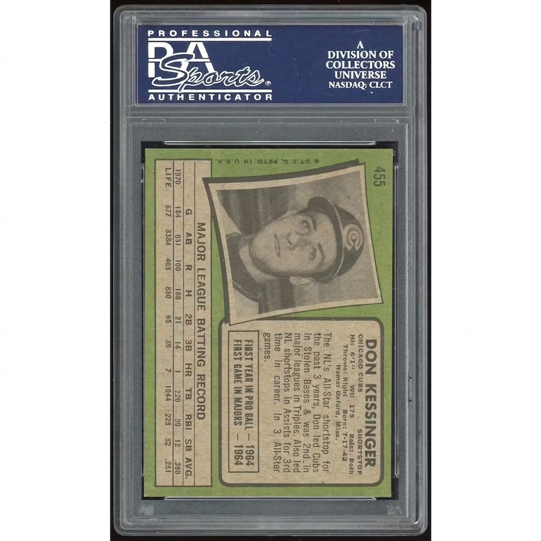 Don Kessinger 1971 Topps #455 Baseball Card | PSA 8