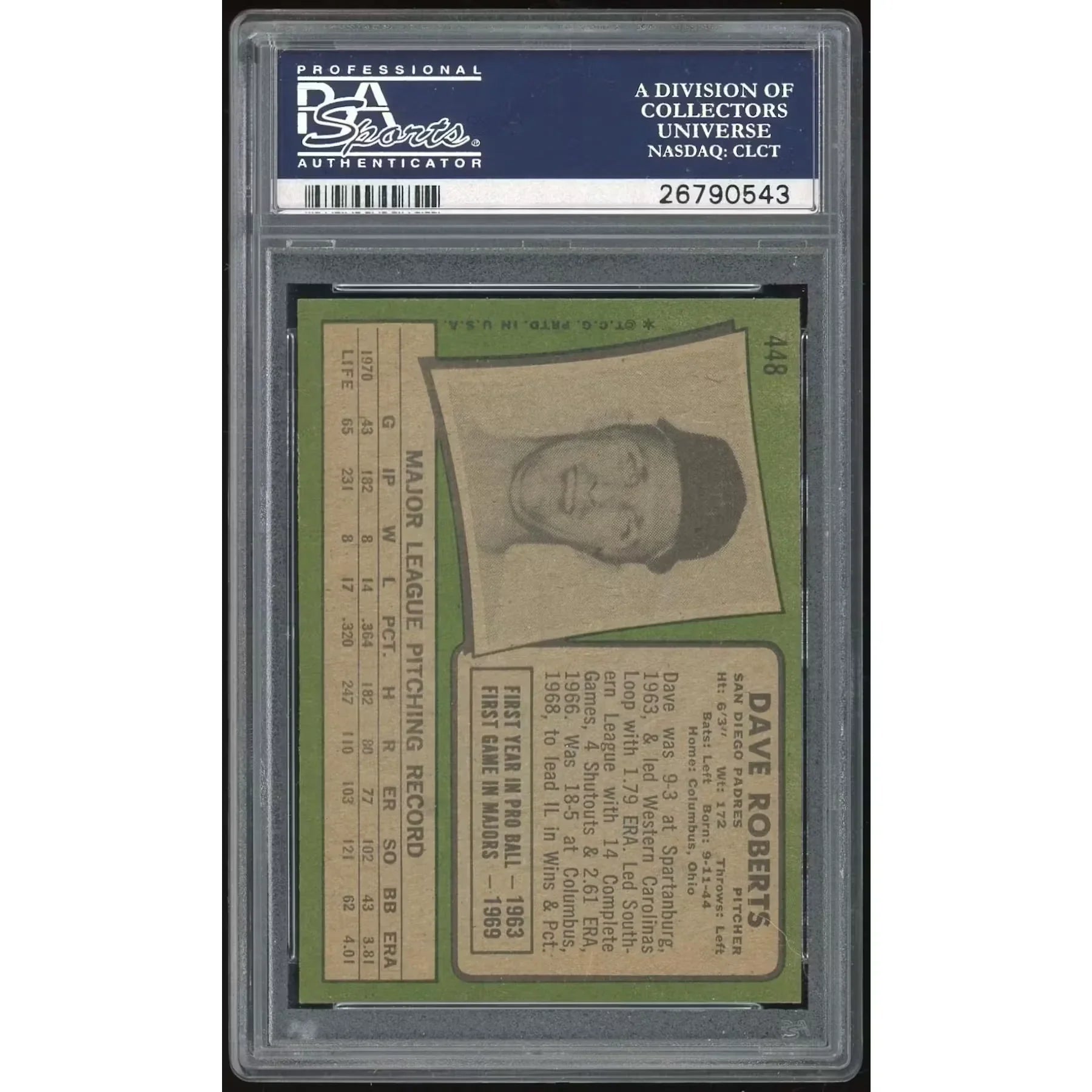 1971 Topps #448 Dave Roberts Baseball Card | PSA 8