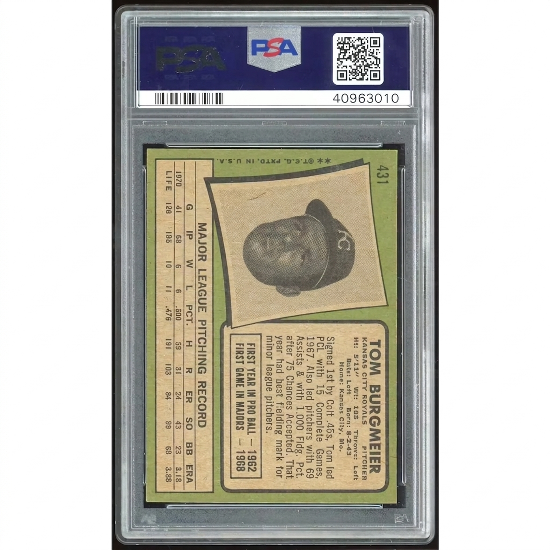Tom Burgmeier 1971 Topps #431 Baseball Card | PSA 8