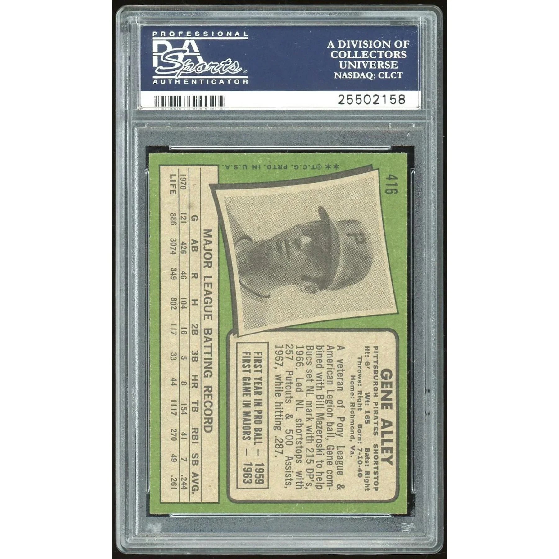 Gene Alley 1971 Topps #416 Baseball Card | PSA 8