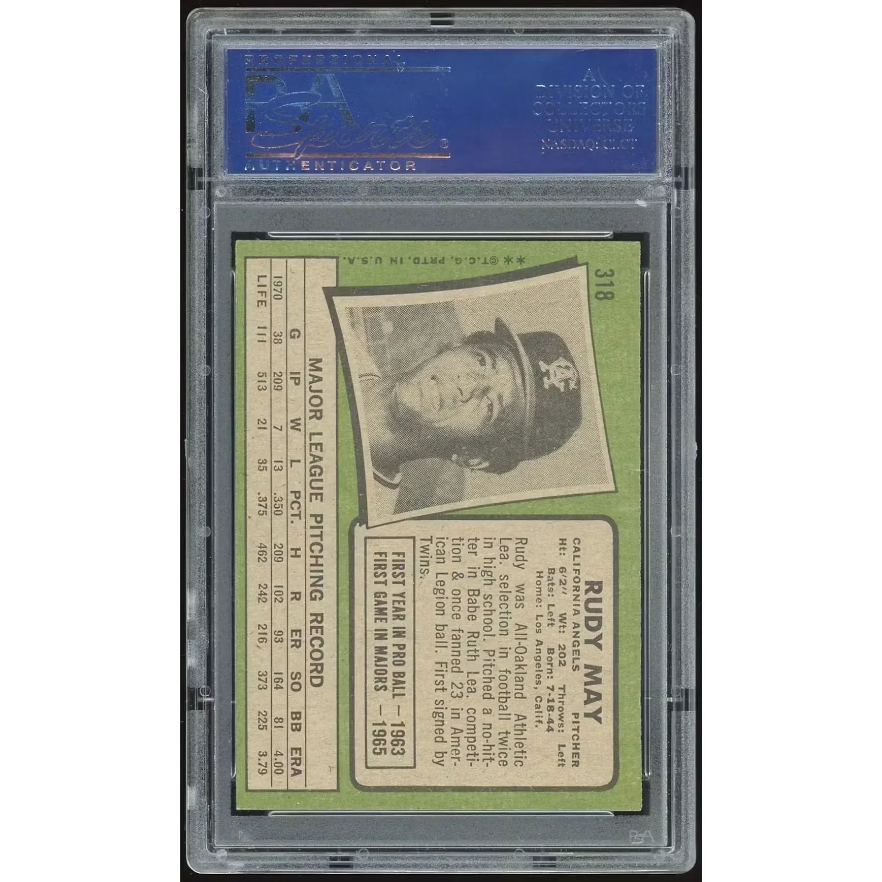 1971 Topps #318 Rudy May Baseball Card | PSA 8