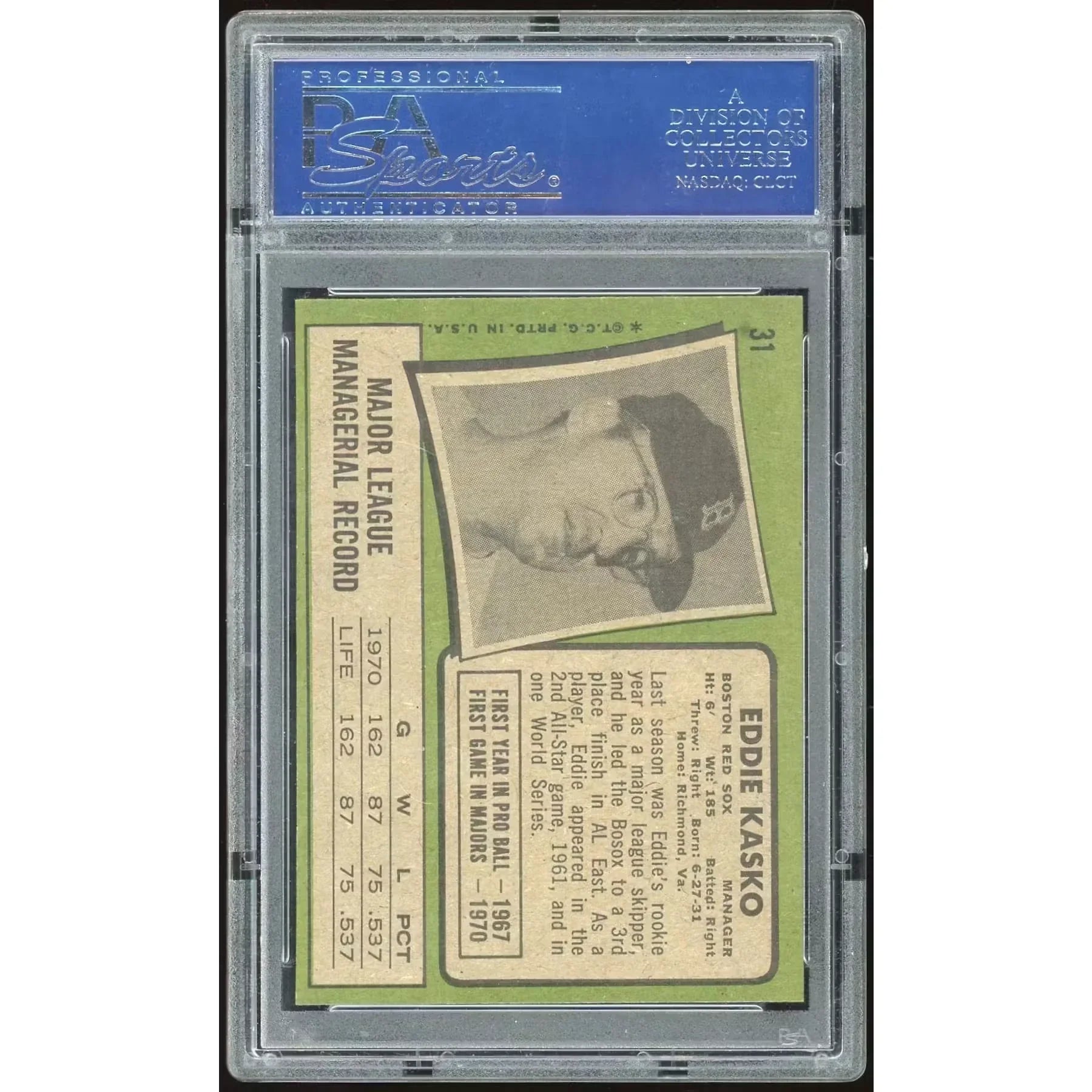 Eddie Kasko 1971 Topps #31 Baseball Card | PSA 8 Graded