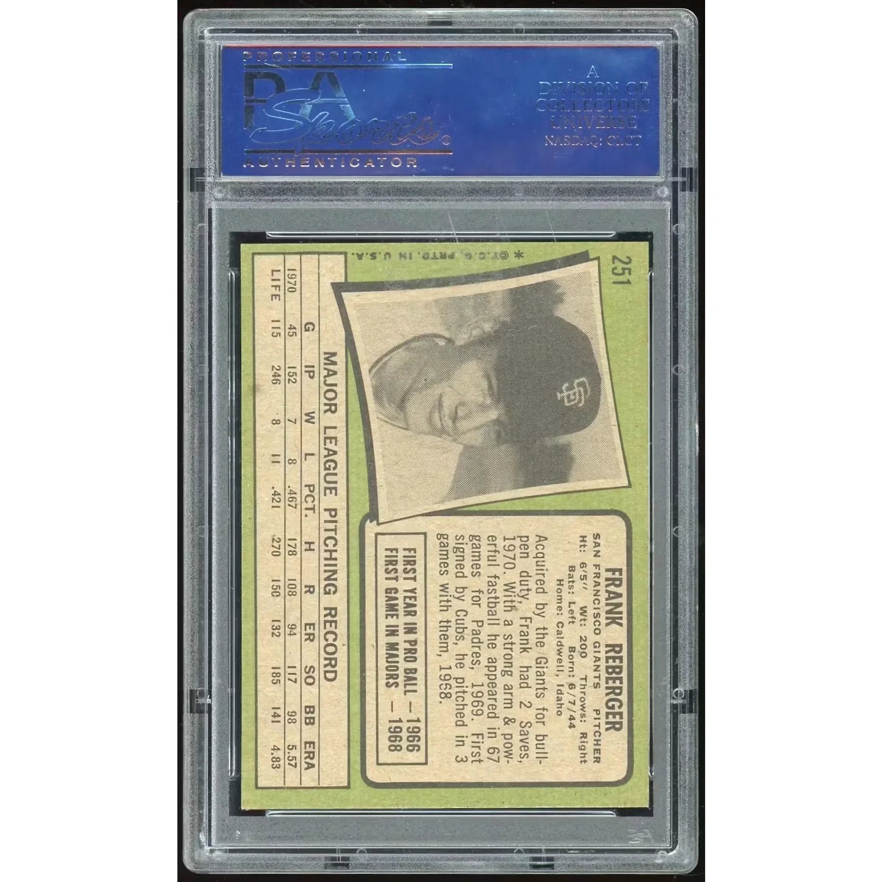 Frank Reberger 1971 Topps #251 Baseball Card | PSA 8
