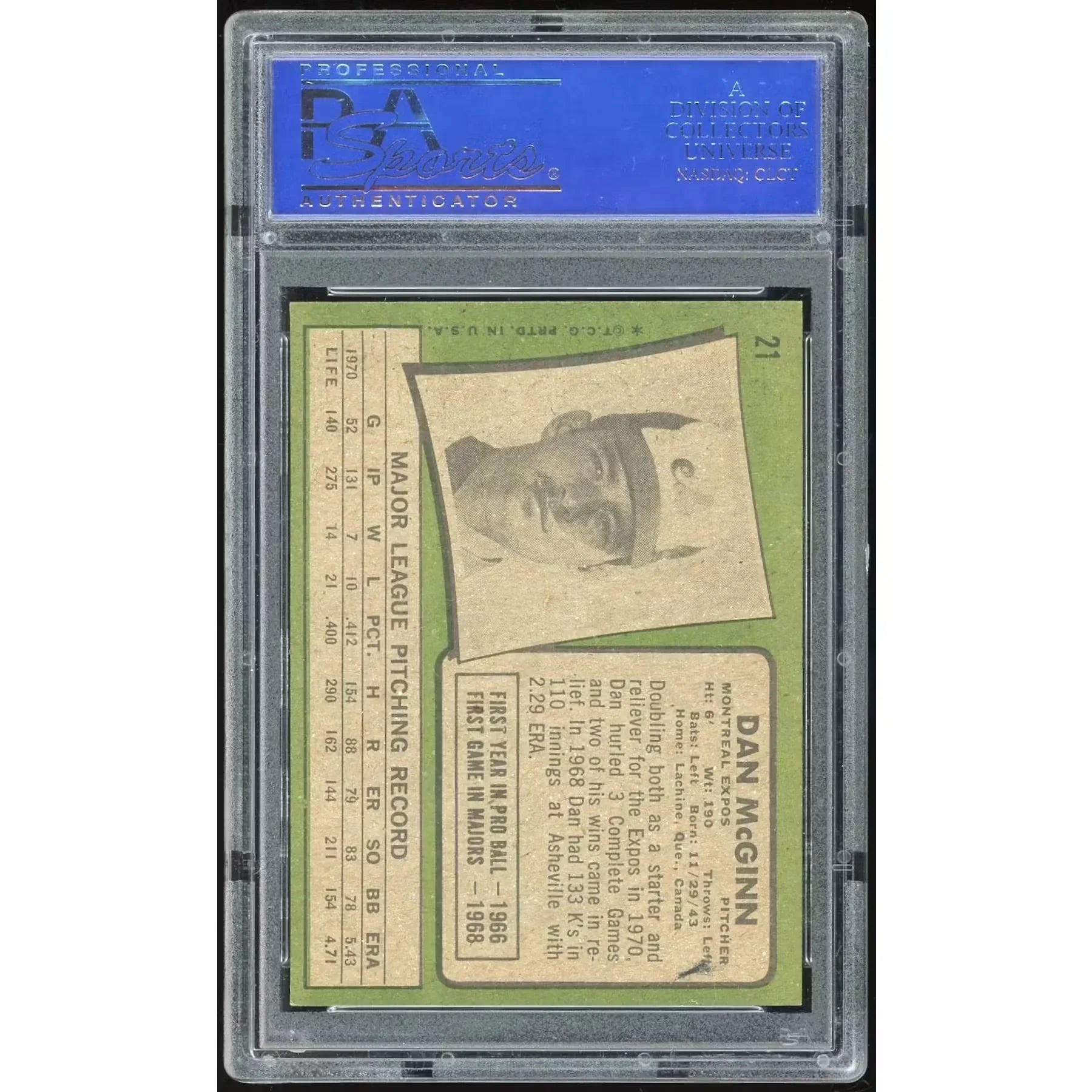 1971 Topps #21 Dan McGinn Baseball Card | PSA 8