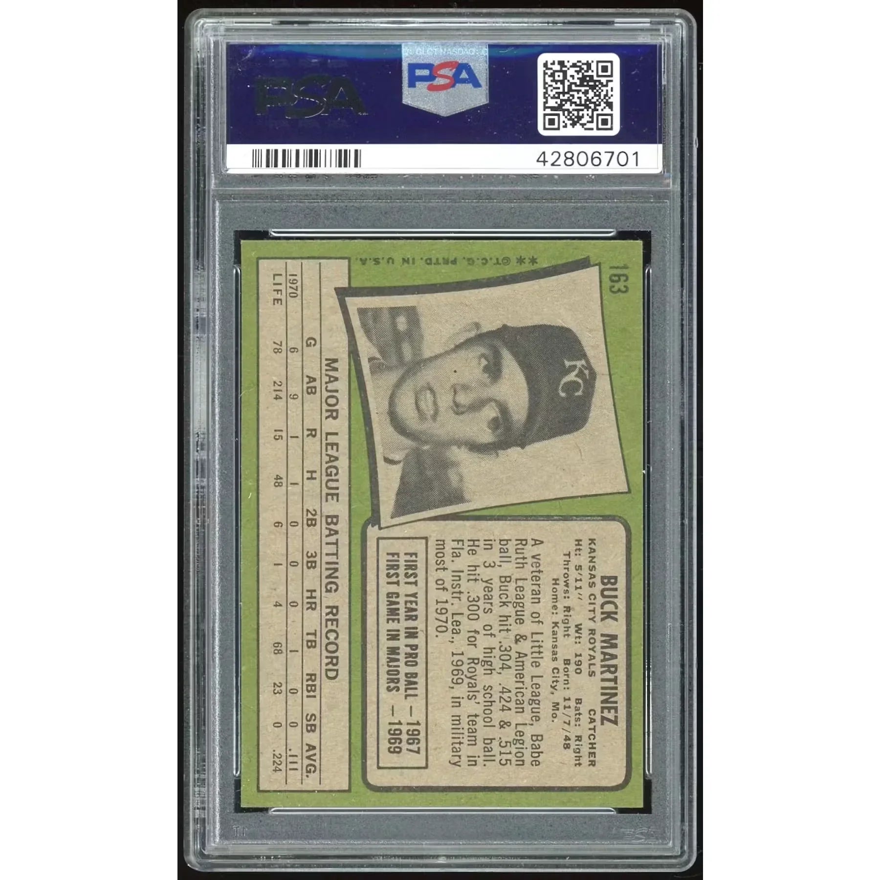 1971 Topps #163 Buck Martinez Baseball Card | PSA 8