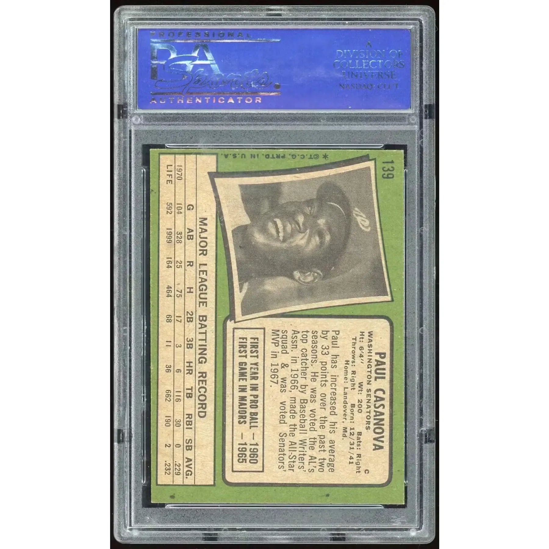 Paul Casanova 1971 Topps #139 Baseball Card | PSA 8
