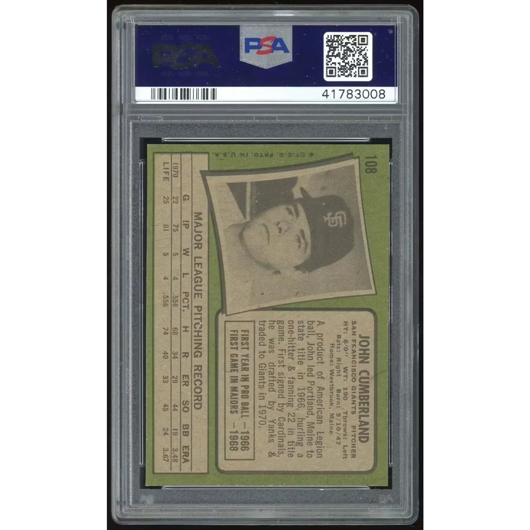 John Cumberland 1971 Topps #108 Baseball Card | PSA 8