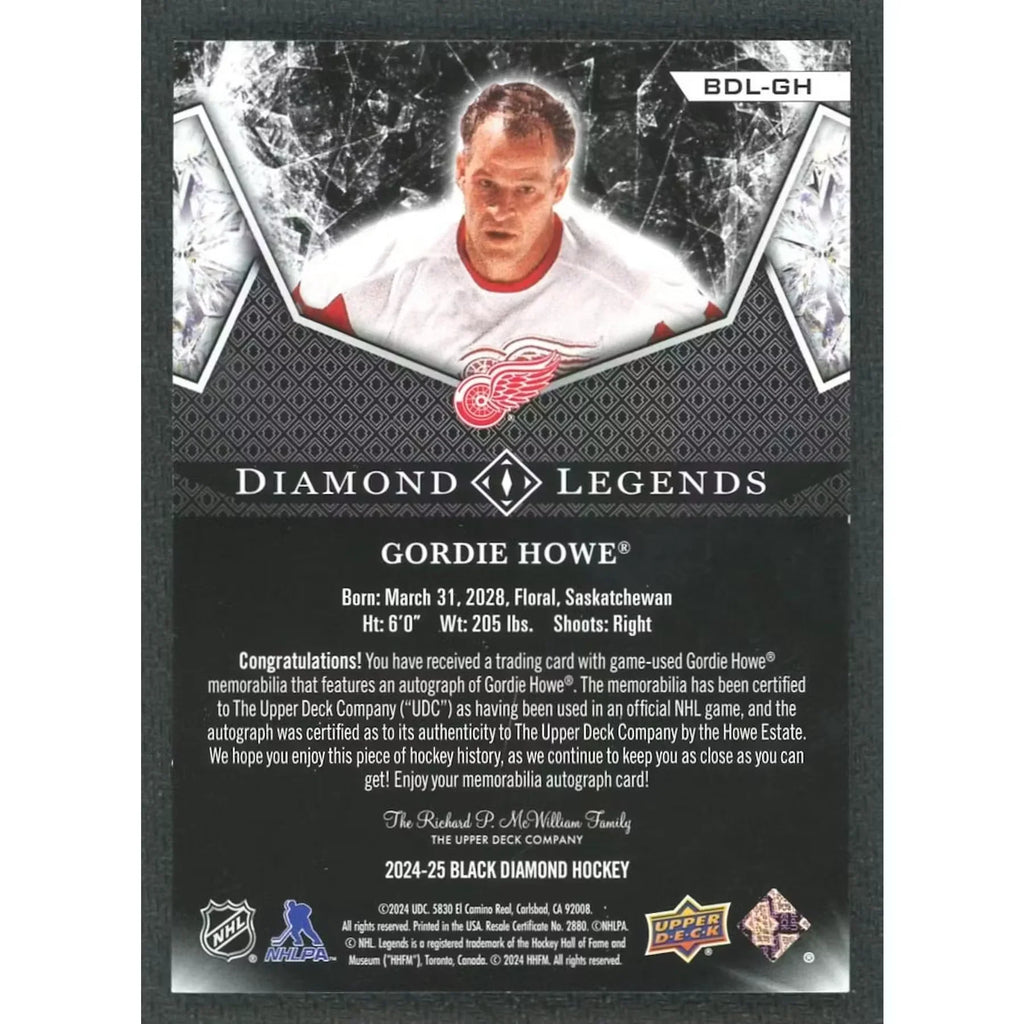 Gordie Howe Signed 2024-25 Upper Deck Black Diamond Card | Diamond Legends Patch Auto/5